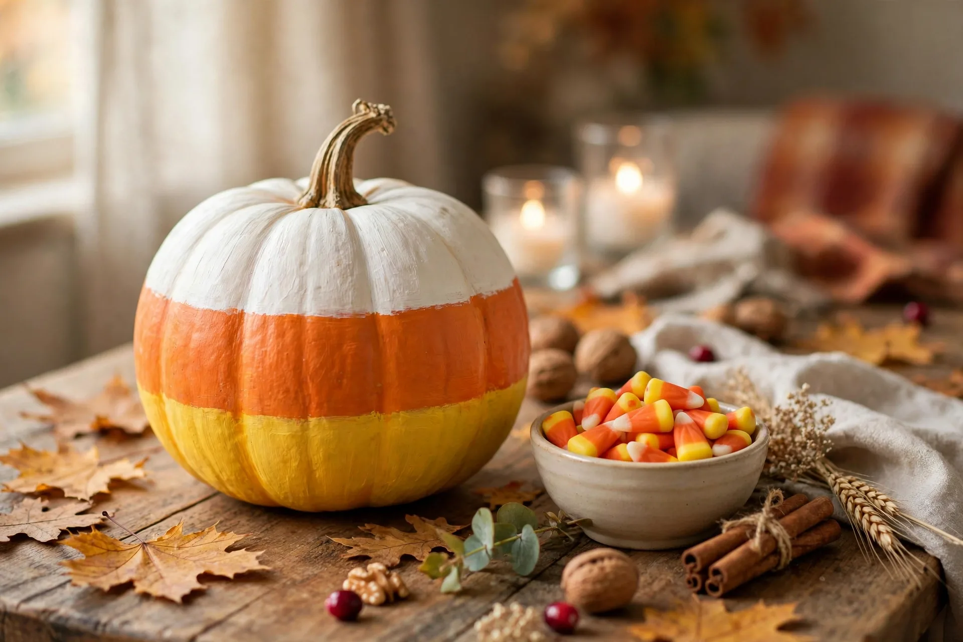 Pumpkin painted with candy corn stripes in white, orange and yellow