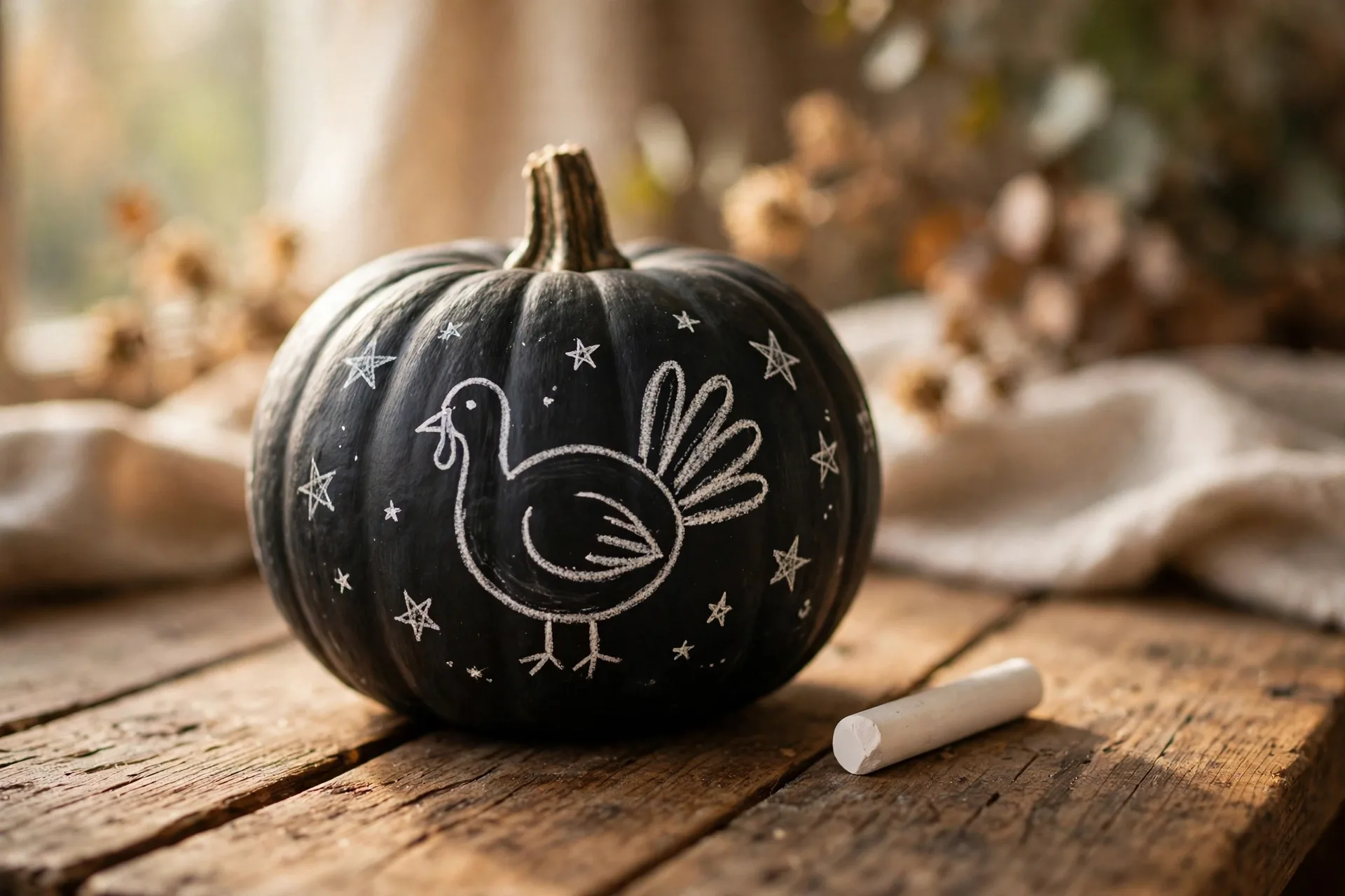 Black chalkboard-painted pumpkin with chalk drawings of a turkey and stars