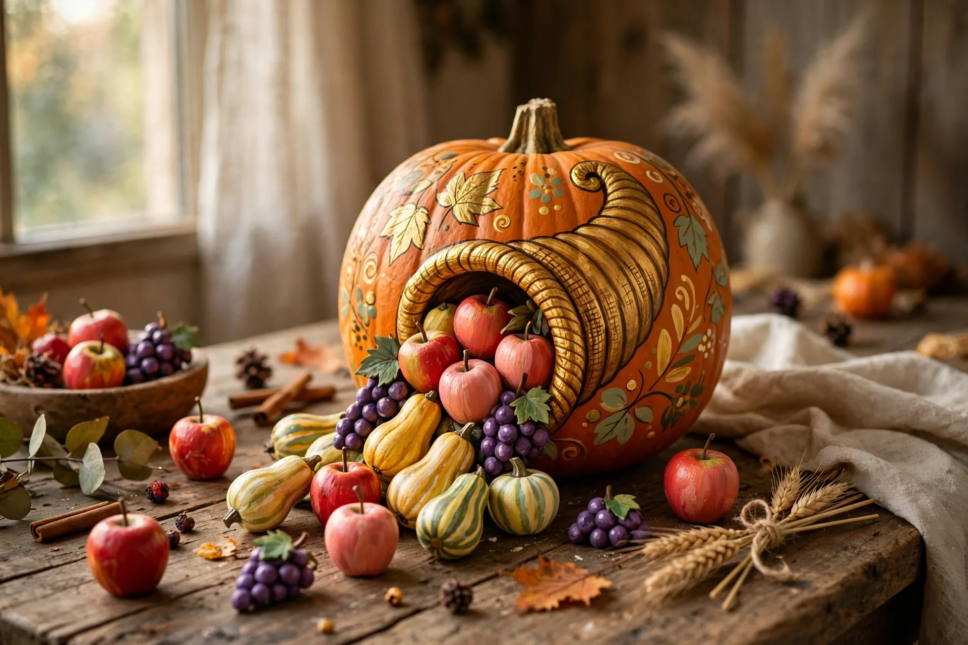 Hand-painted pumpkin with a golden cornucopia spilling painted apples, grapes and squash