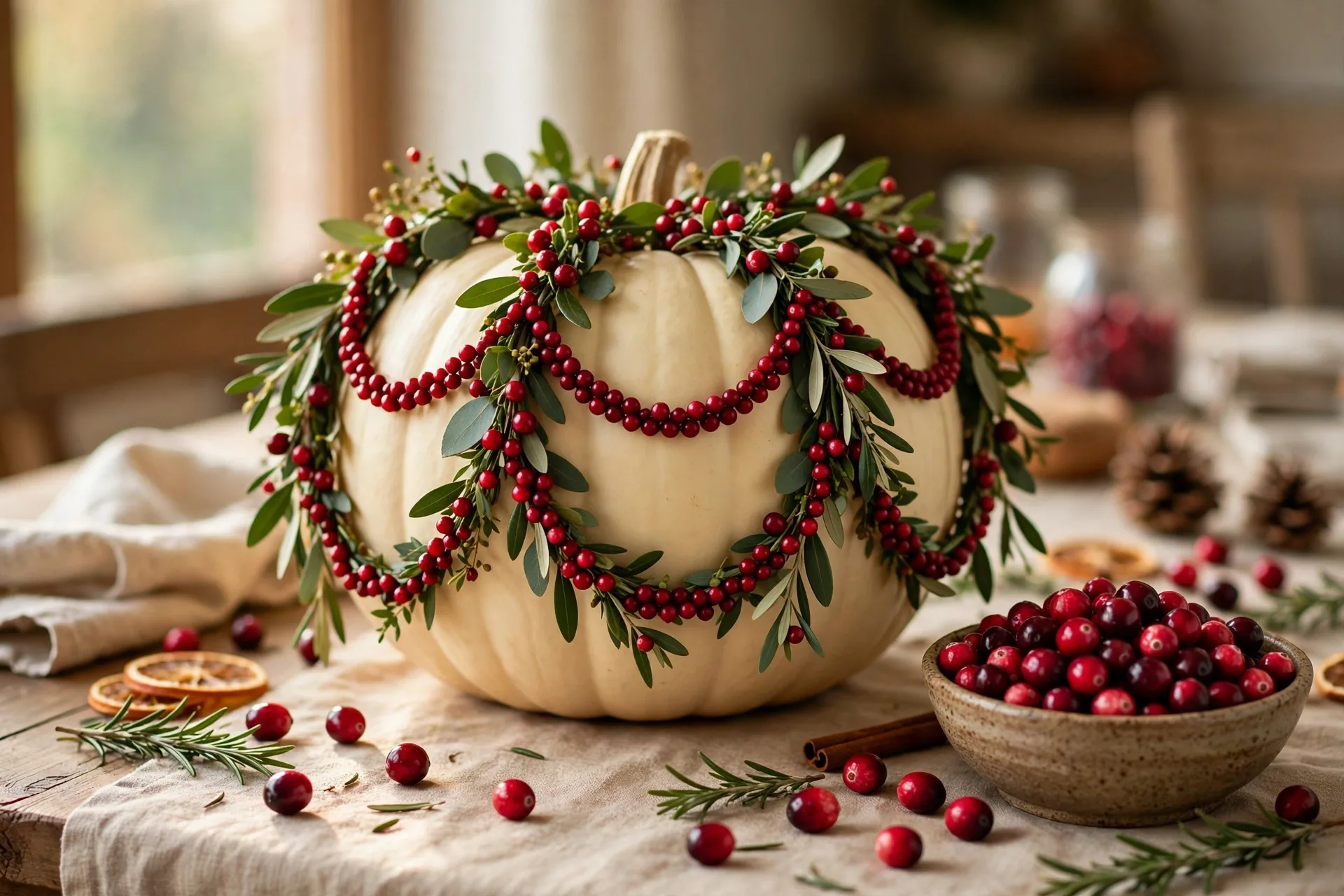 Cream pumpkin painted with draped cranberry garland swags and green leaves