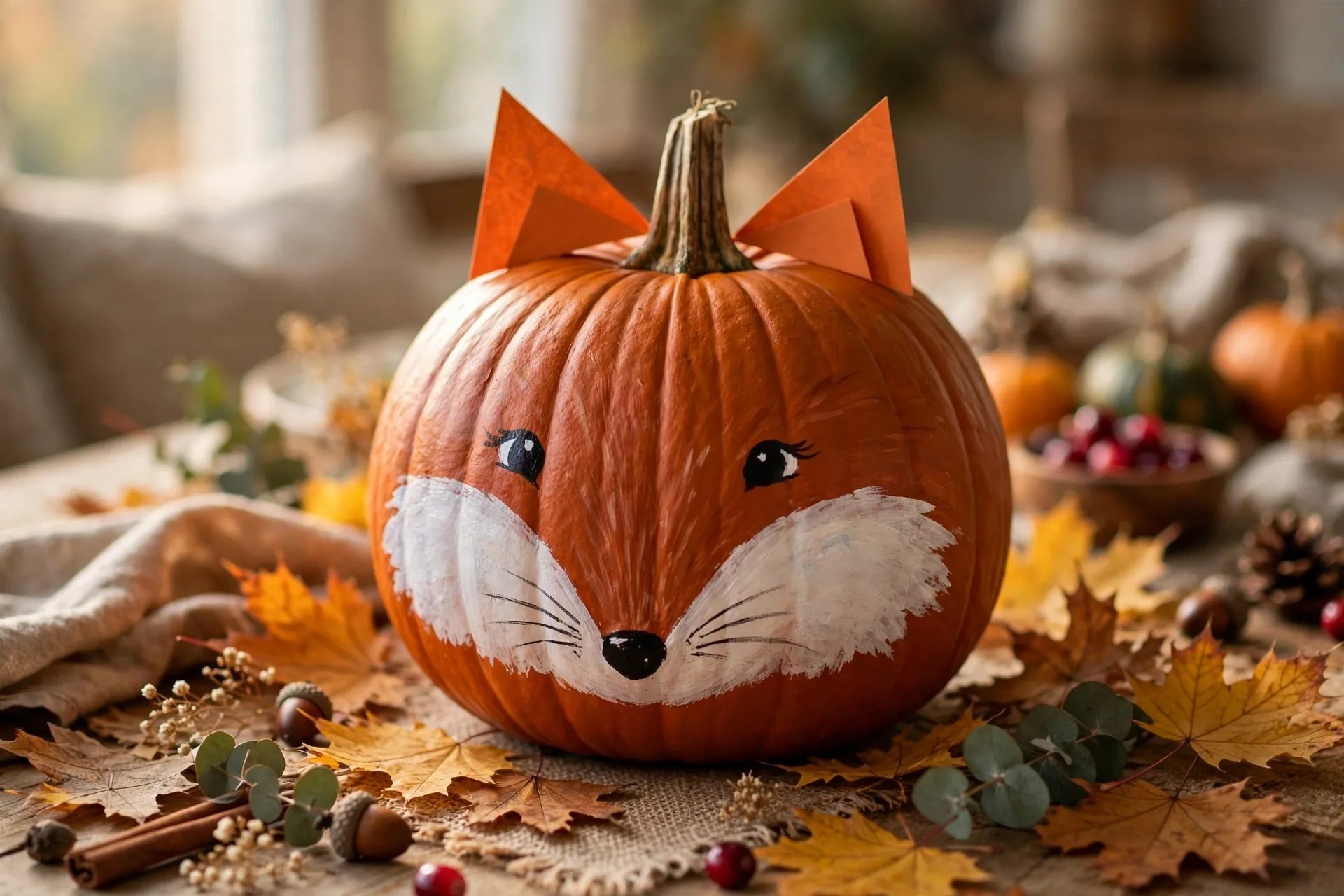 Pumpkin painted as a fox face with white cheeks, rust-orange fur and paper ears
