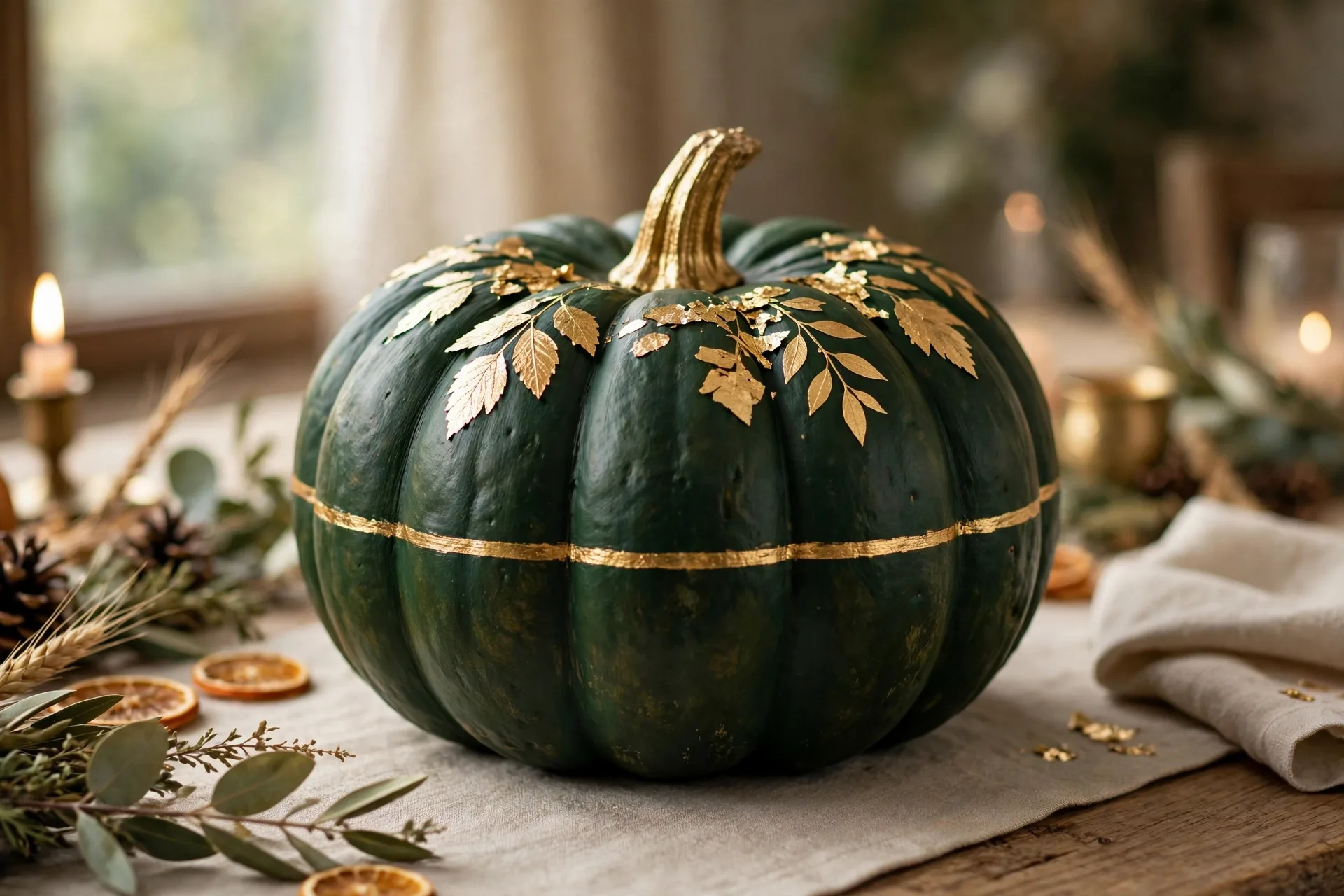 Deep green pumpkin with metallic gold painted stem, gold leaf shapes and a gold band