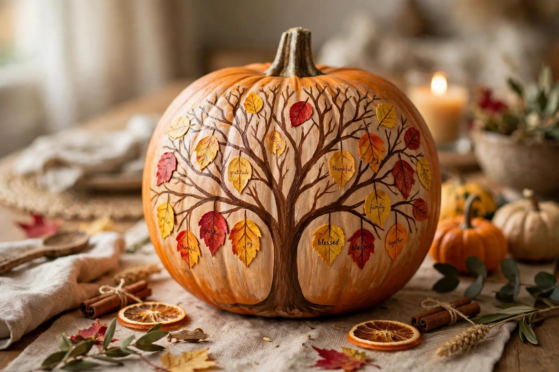 Pumpkin painted with a bare tree whose branches hold colorful gratitude leaves