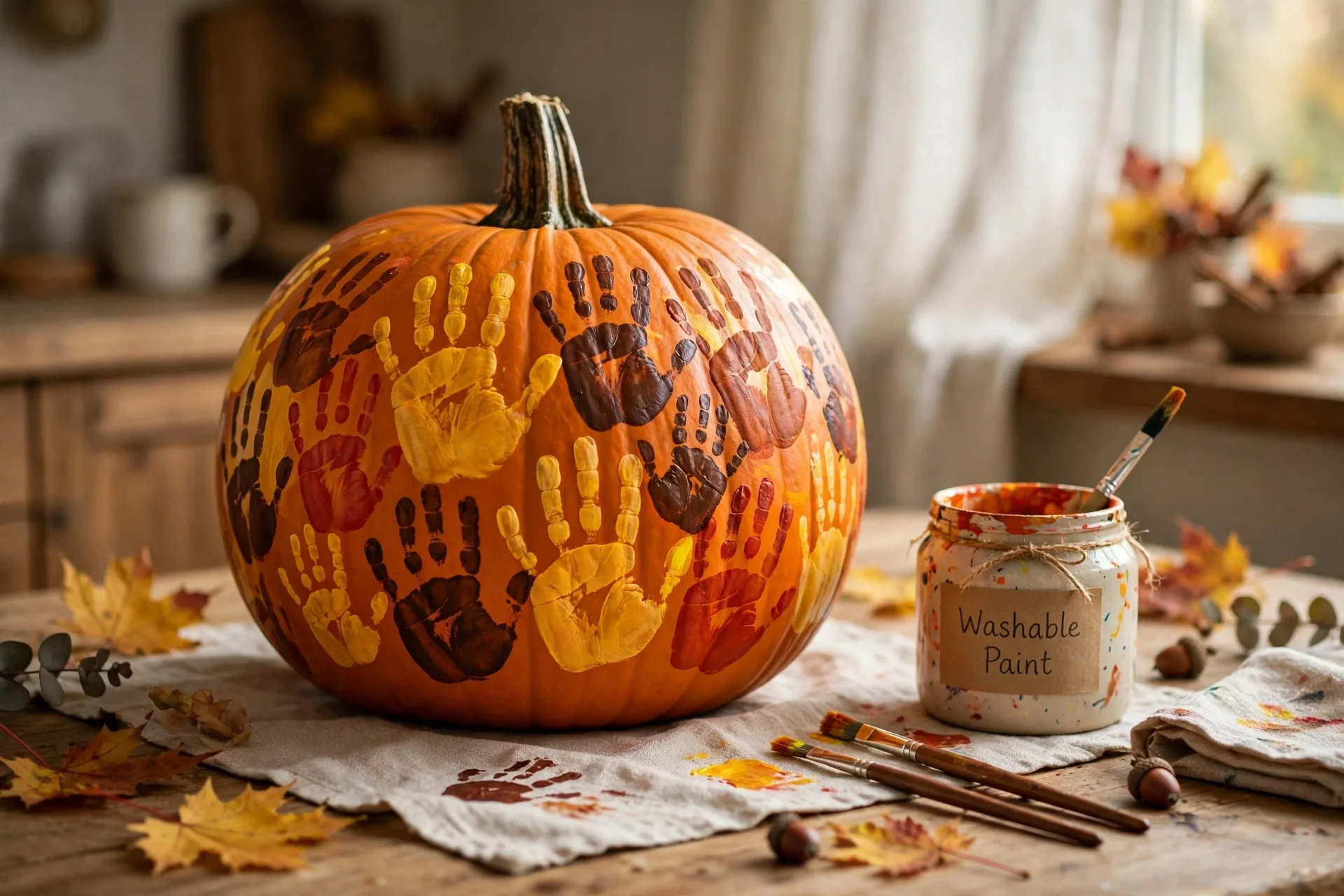 Pumpkin covered in family handprints in fall colors with names and the year