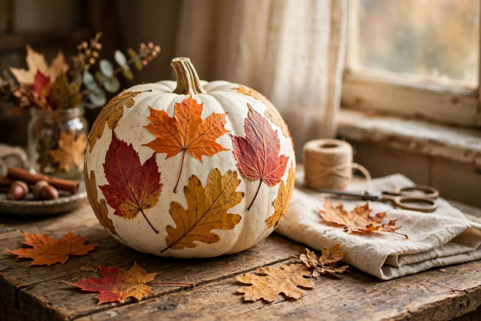 White pumpkin decorated with pressed fall leaf prints in orange, red and gold