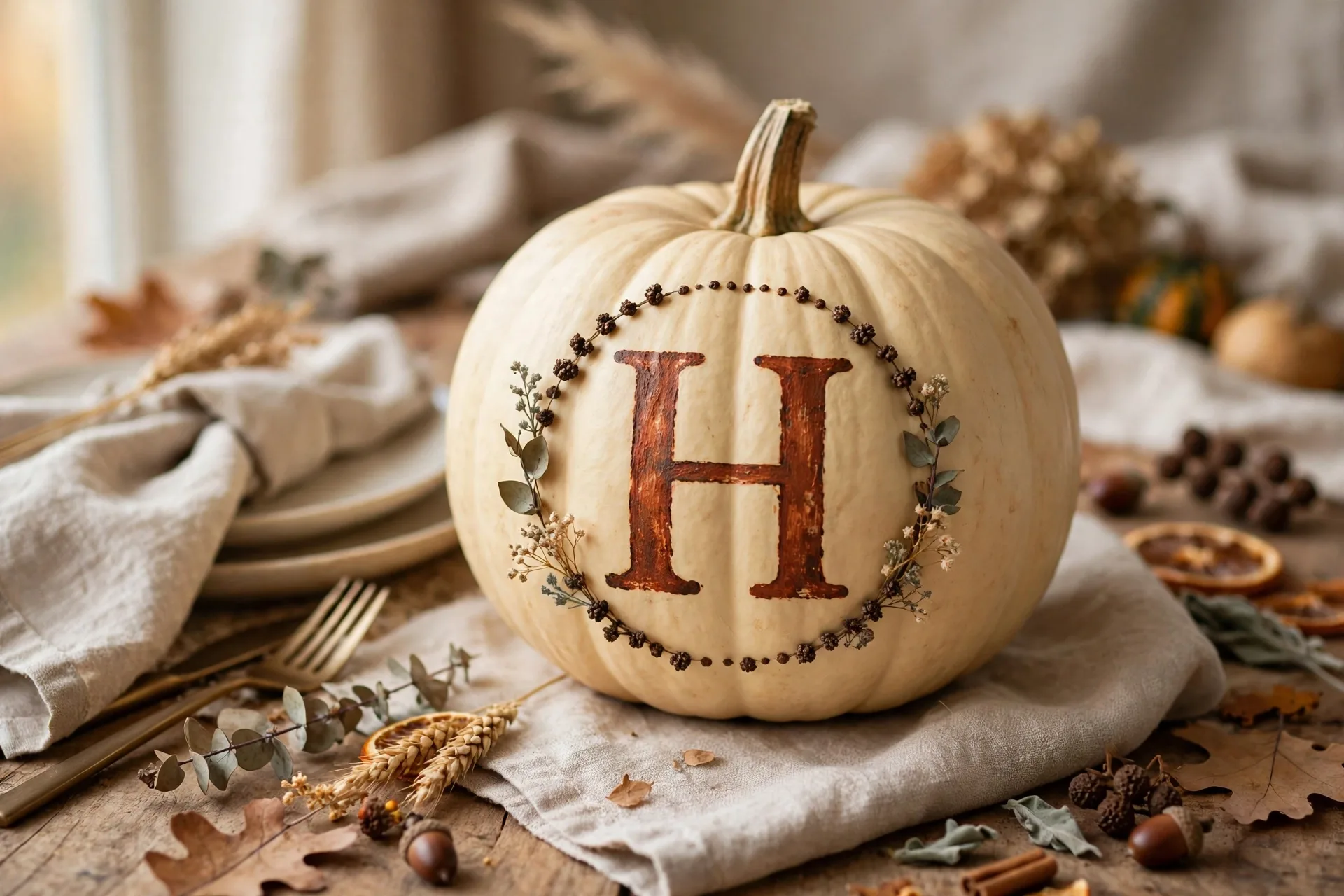 Cream pumpkin with a big painted family initial in rust and a small dotted wreath
