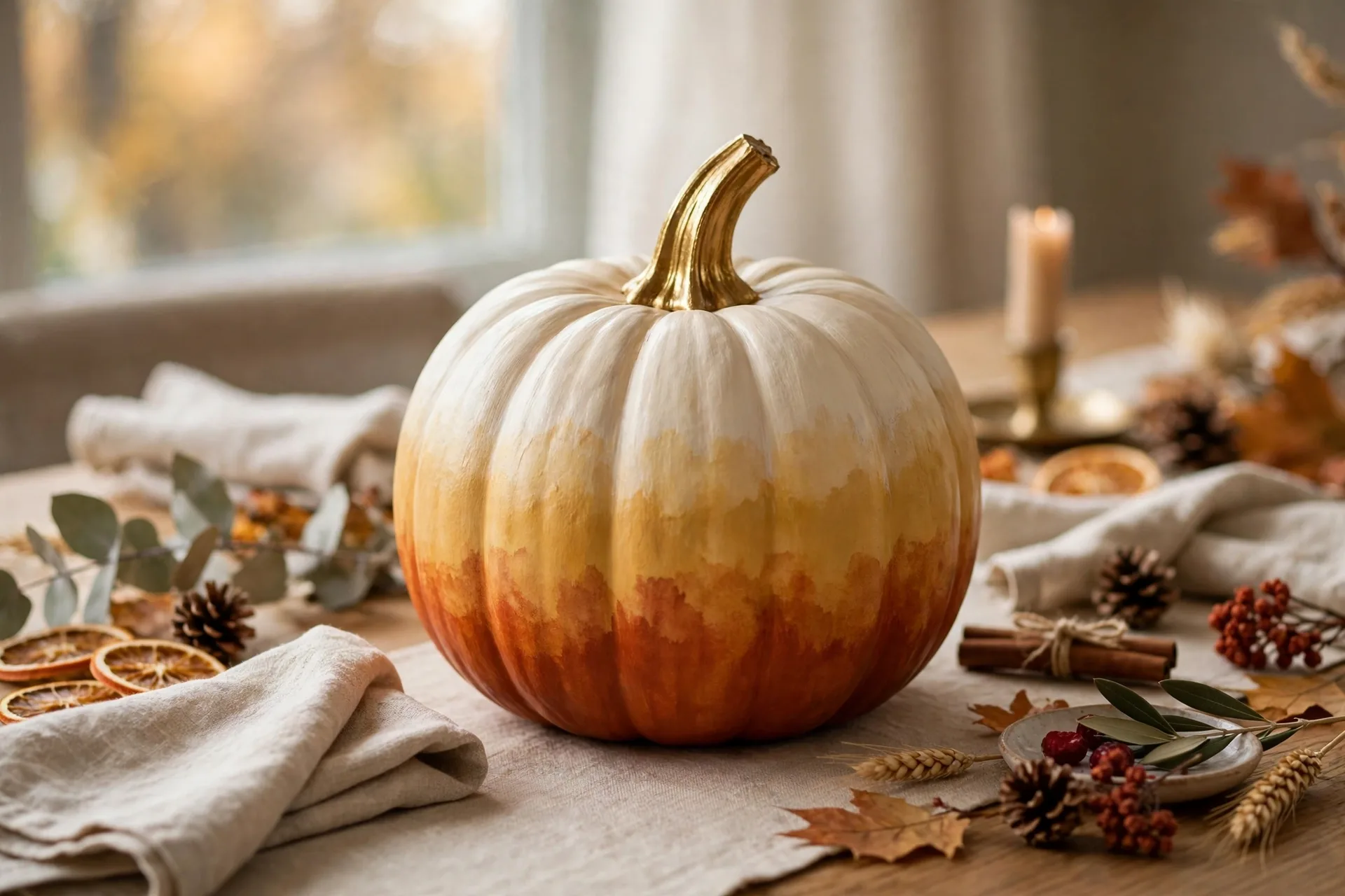 Pumpkin painted in a soft ombre blend of cream, mustard and rust with a gold stem