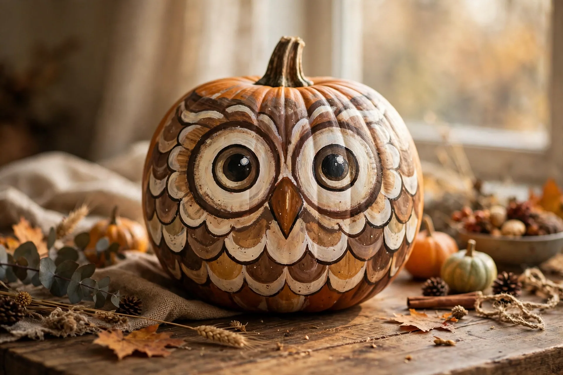 Pumpkin painted as an owl face with big round eyes, triangle beak and feather scallops