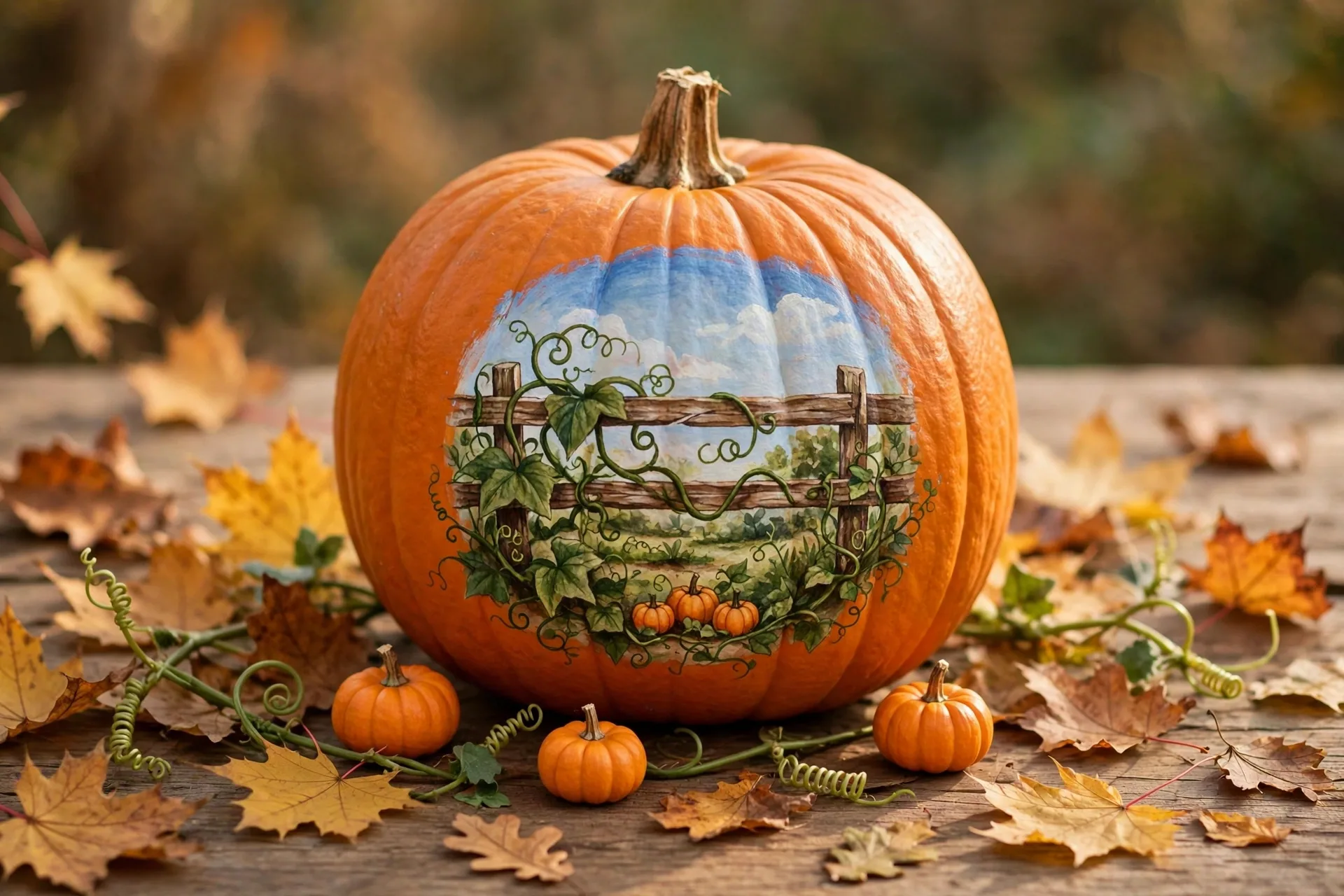 Pumpkin painted with a little pumpkin patch scene, fence, vines and tiny pumpkins