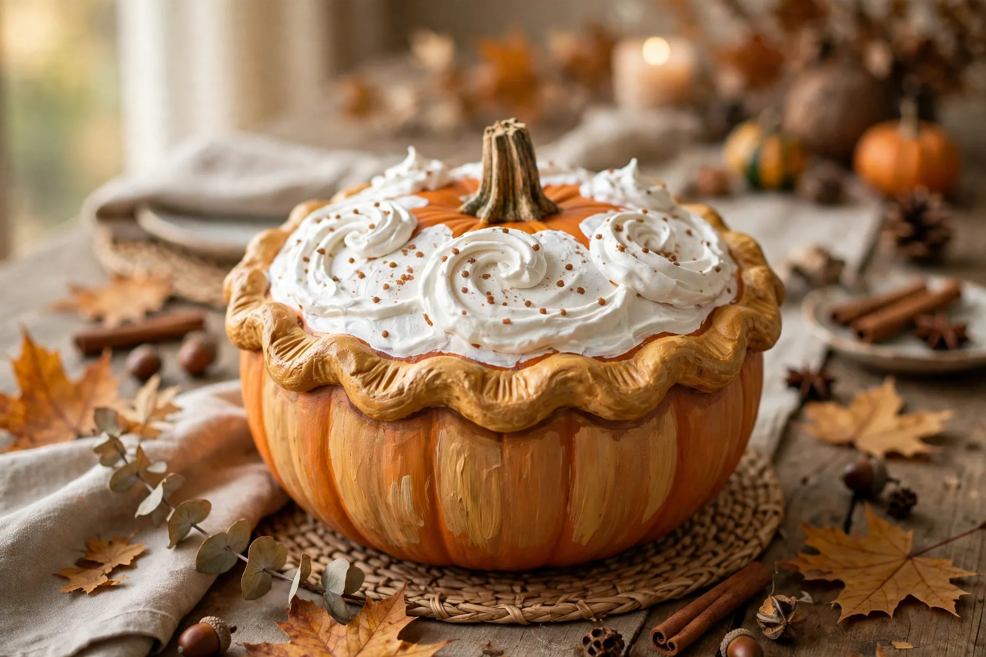 Pumpkin painted like a pumpkin pie with crimped crust edge and whipped cream swirls
