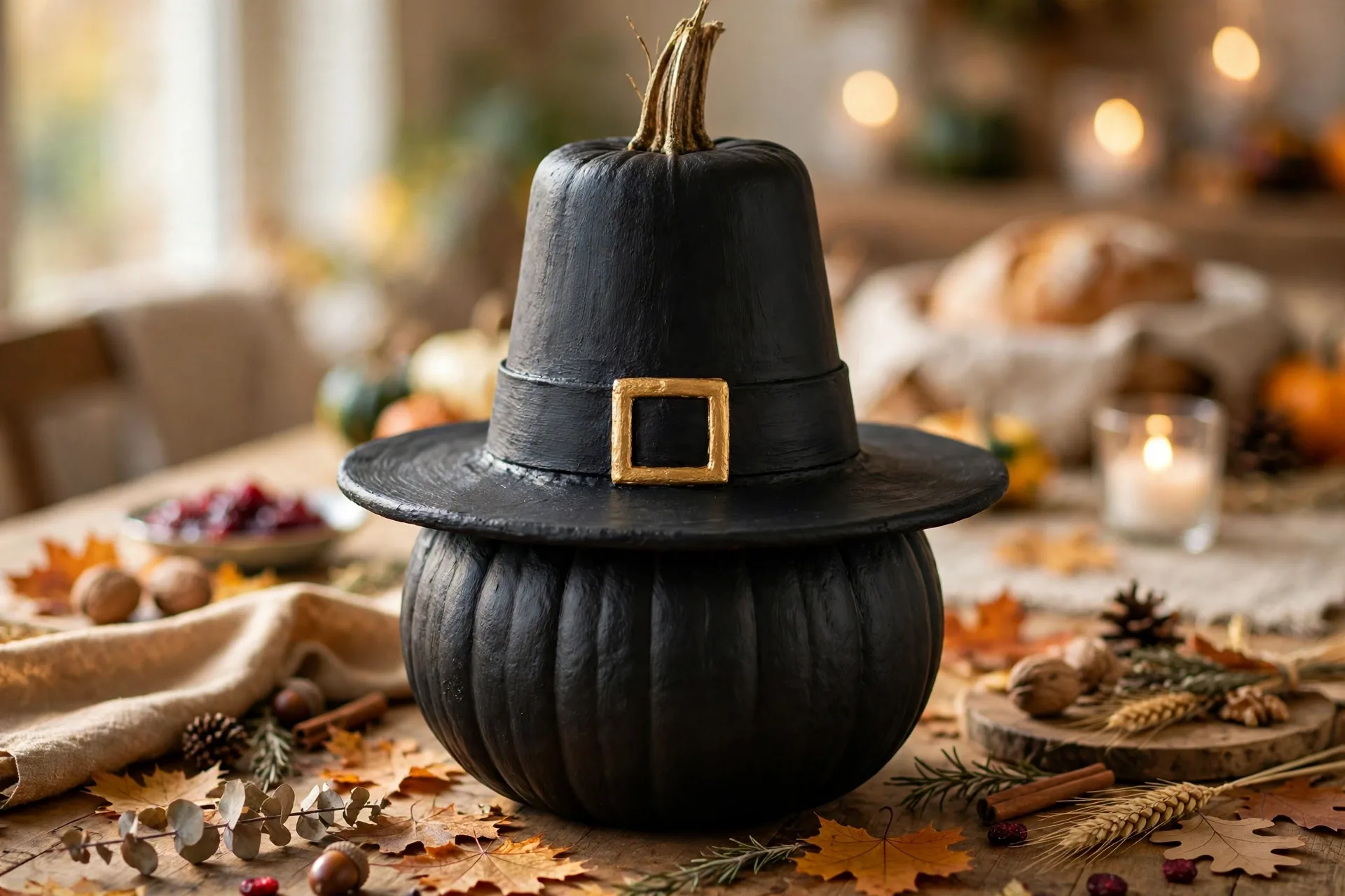 Pumpkin painted as a pilgrim hat with black top, wide brim and gold buckle