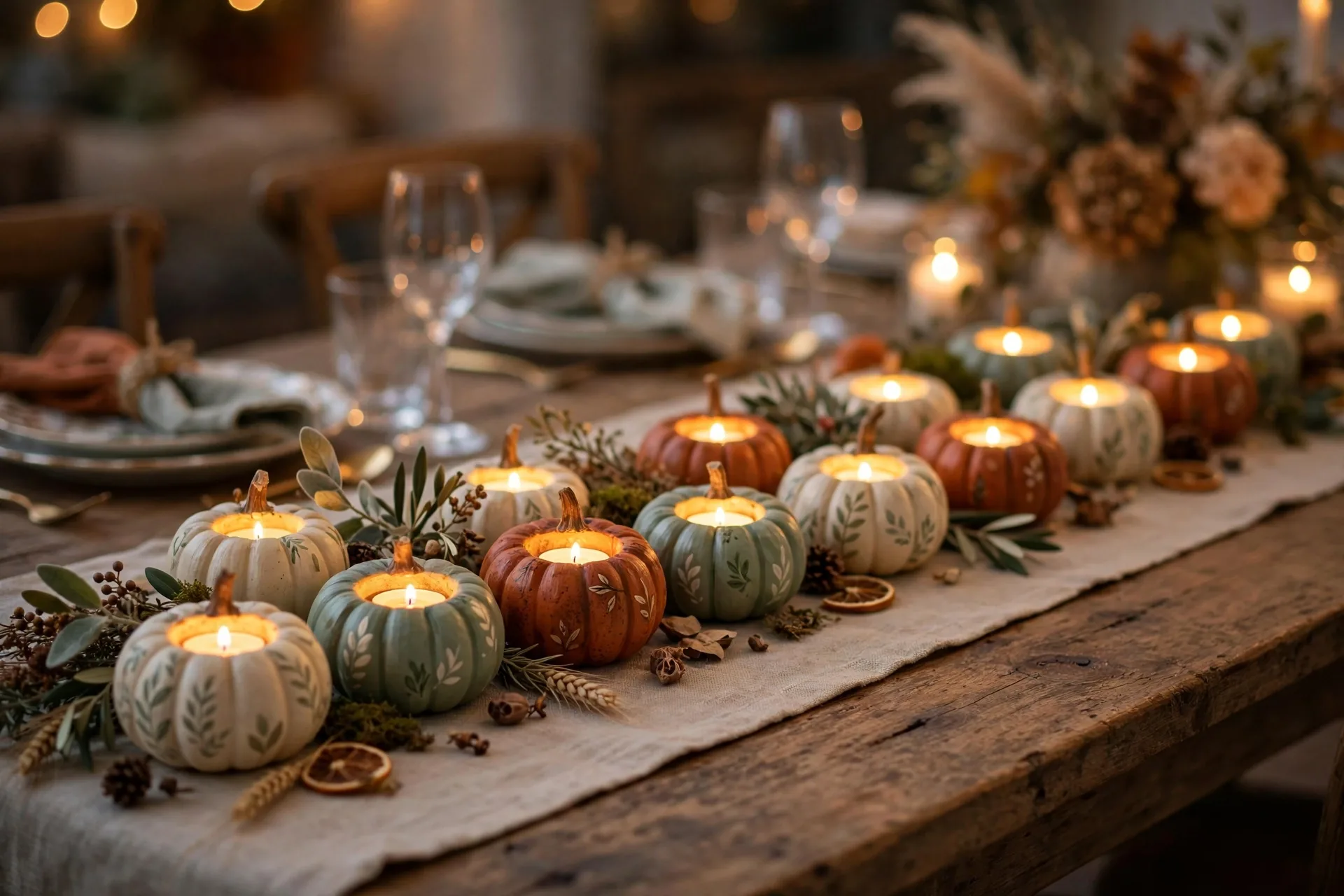 Small painted mini pumpkins holding glowing tea lights along a Thanksgiving table runner