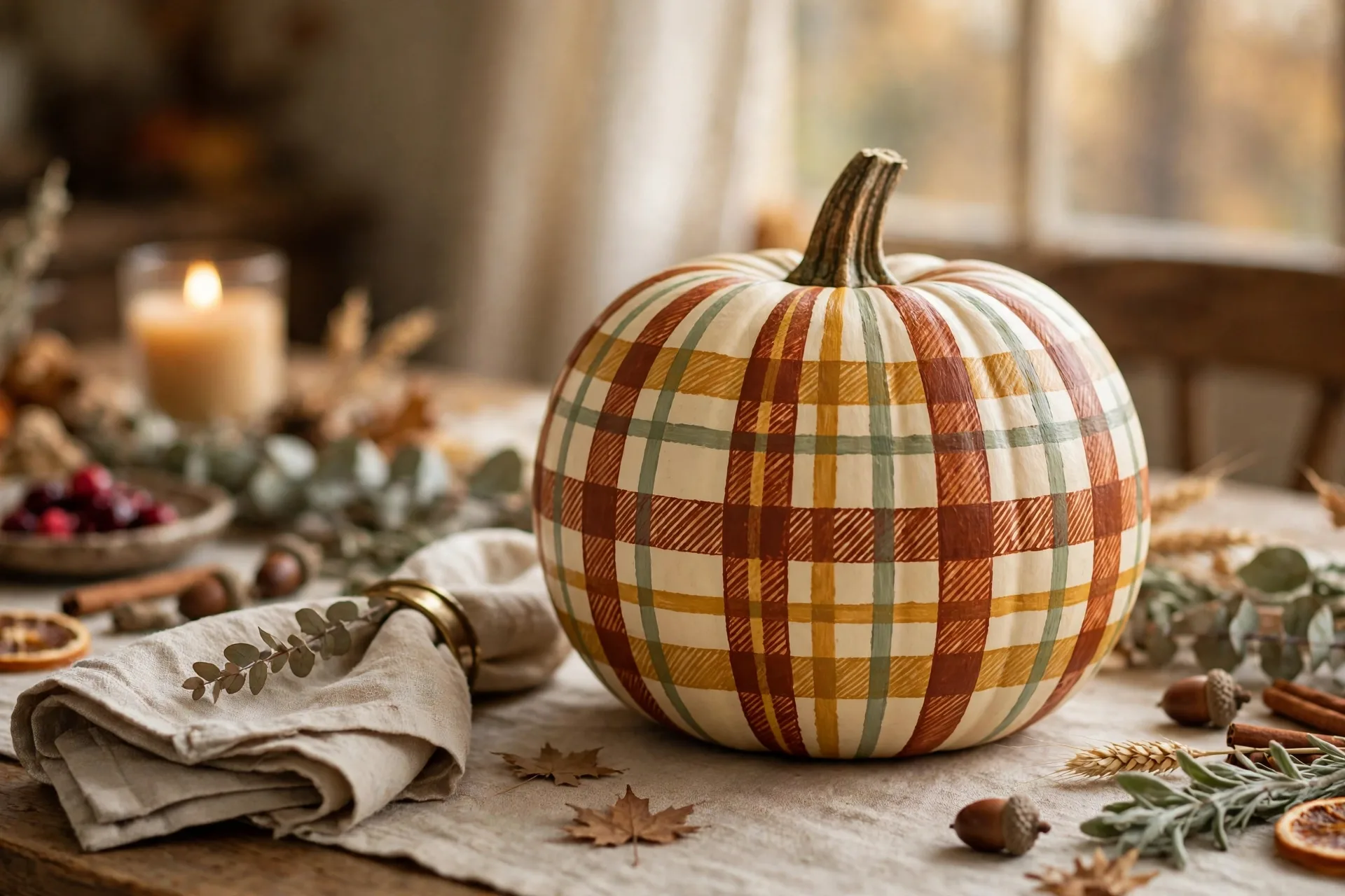 Cream pumpkin painted with a rust, mustard and sage plaid check pattern