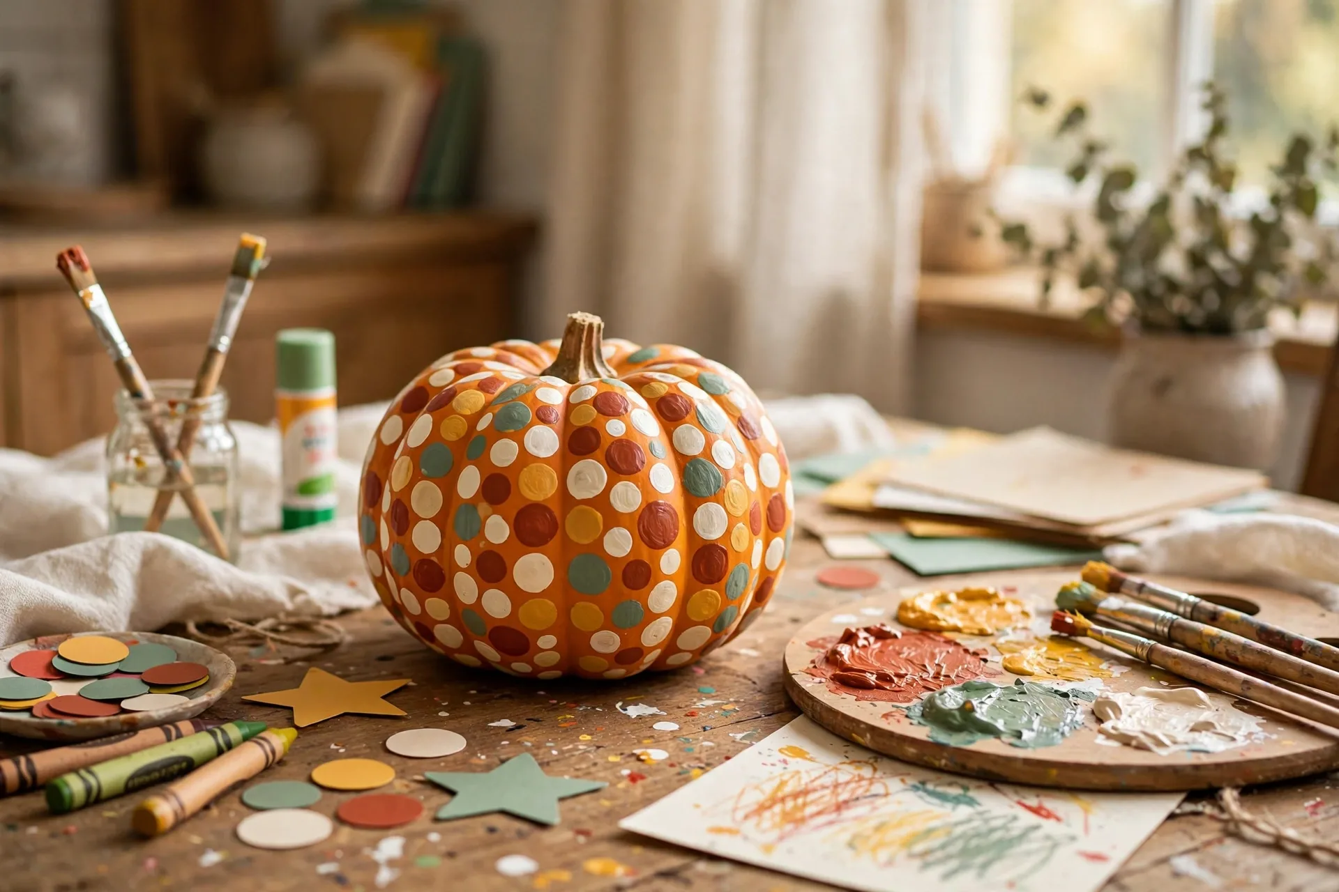 Small pumpkin covered in colorful polka dots in rust, mustard, sage and cream