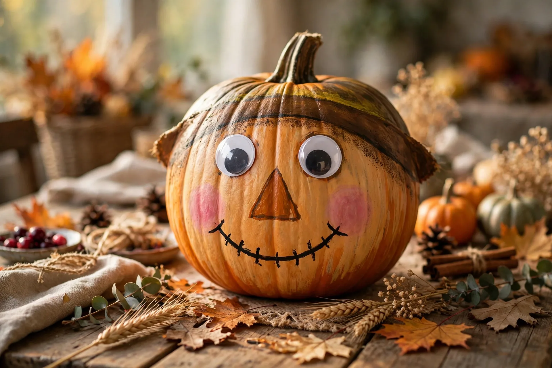 Pumpkin painted as a friendly scarecrow face with a hat brim and stitched smile