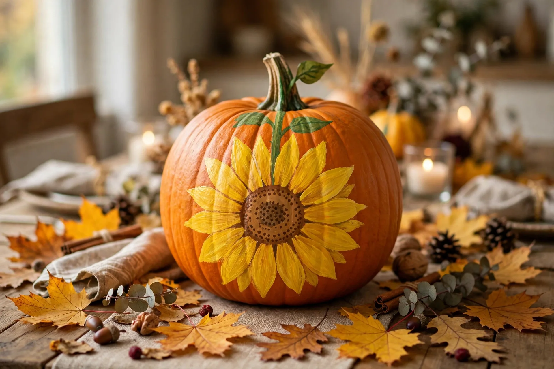 Pumpkin painted with a big yellow sunflower, brown center and green stem