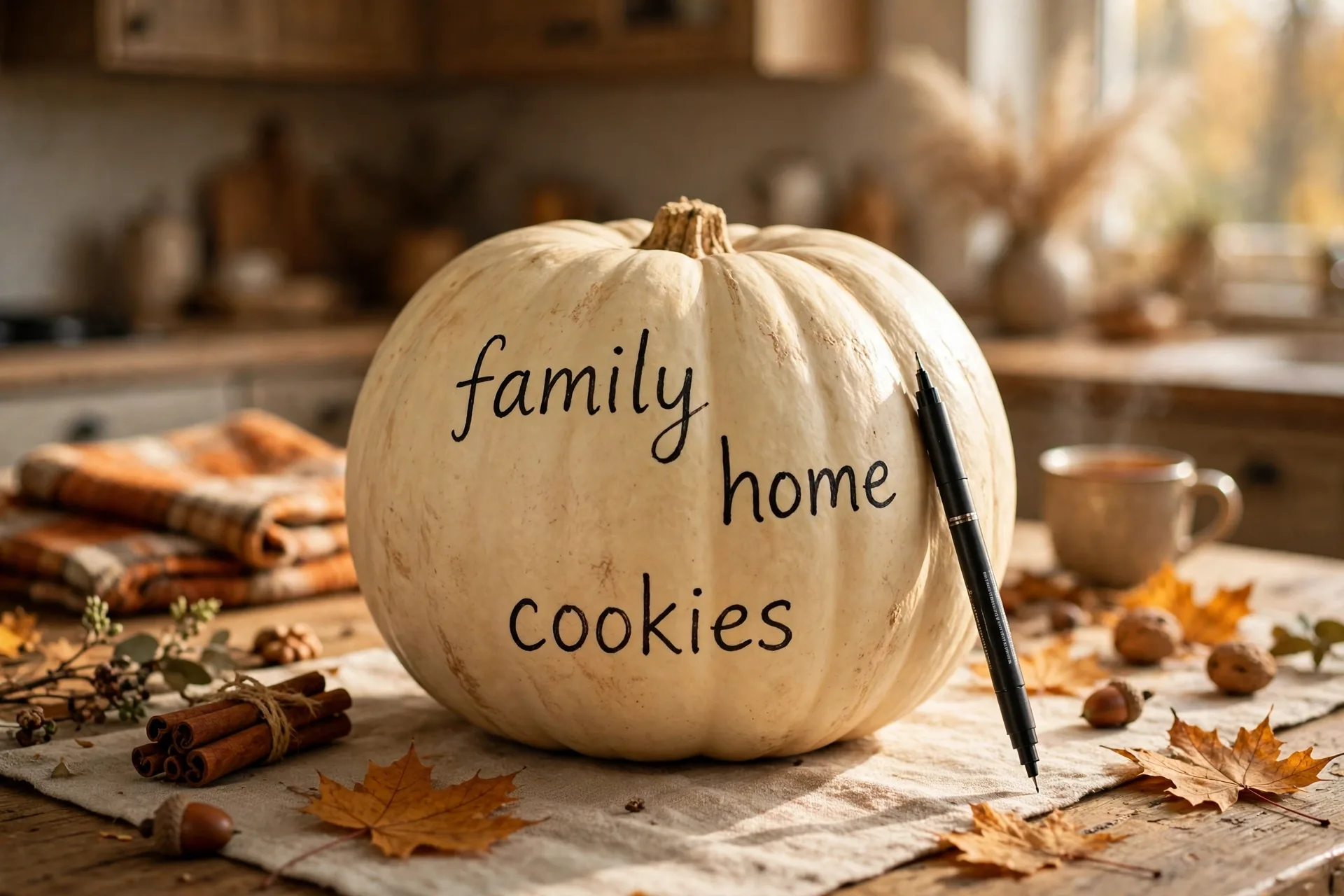 Cream pumpkin covered in handwritten gratitude words with a paint pen resting against it