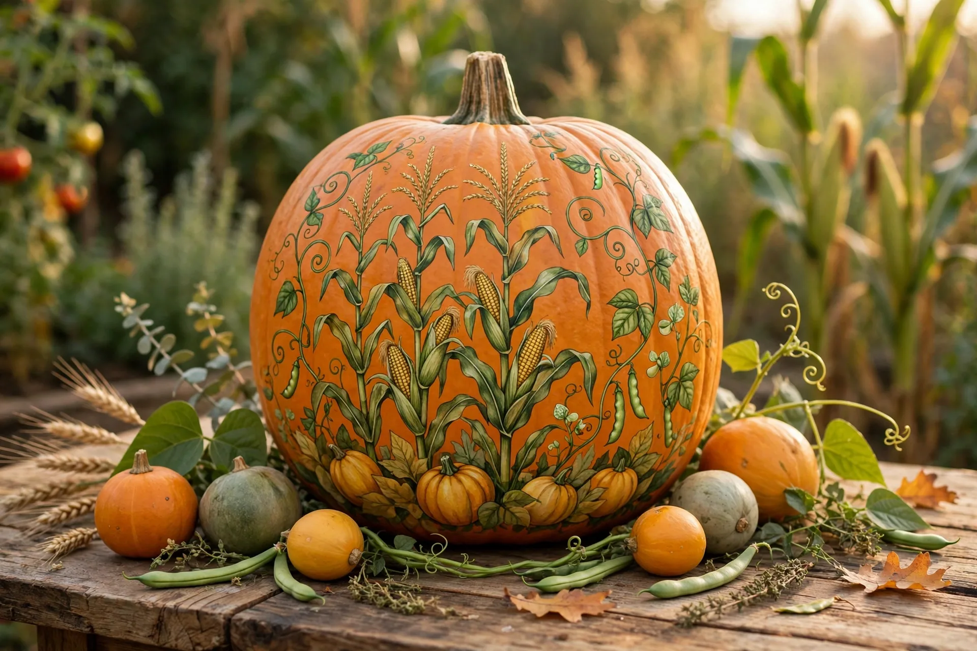 Pumpkin painted with corn stalks, bean vines and squash, the Three Sisters harvest