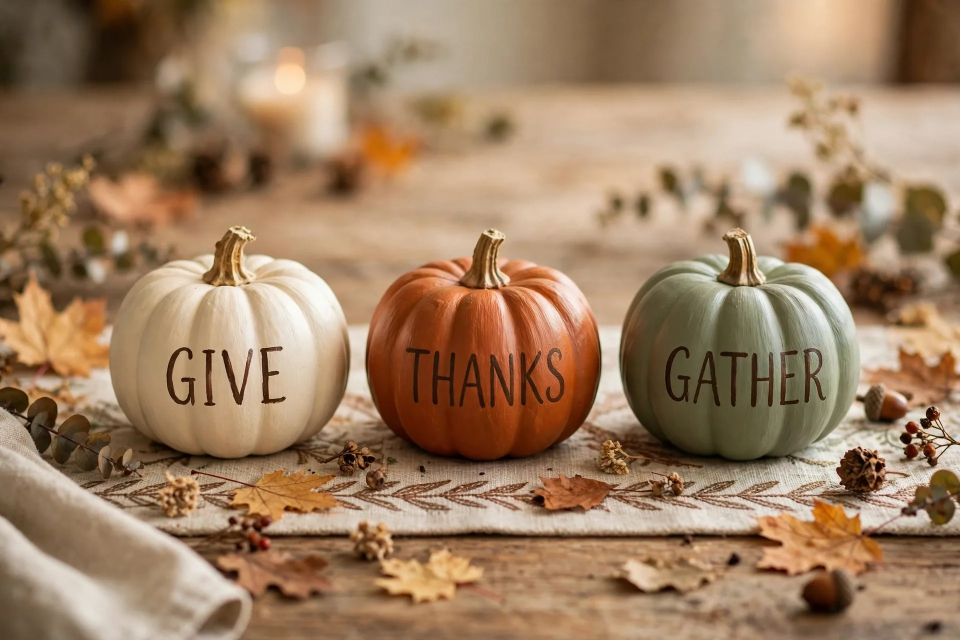 Three small pumpkins painted cream, rust and sage lettered Give Thanks Always