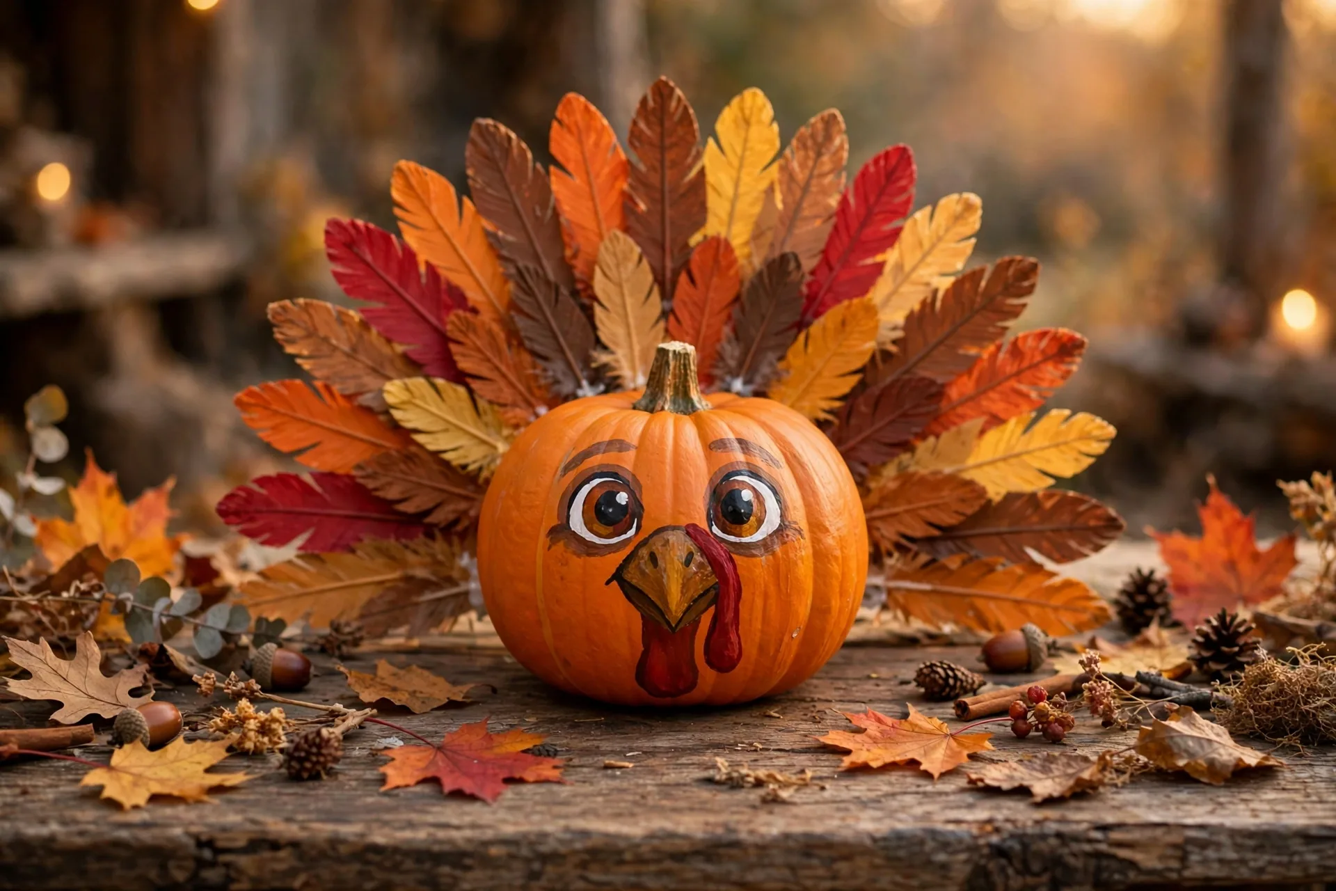 Painted turkey pumpkin with a colorful paper feather fan on a rustic table