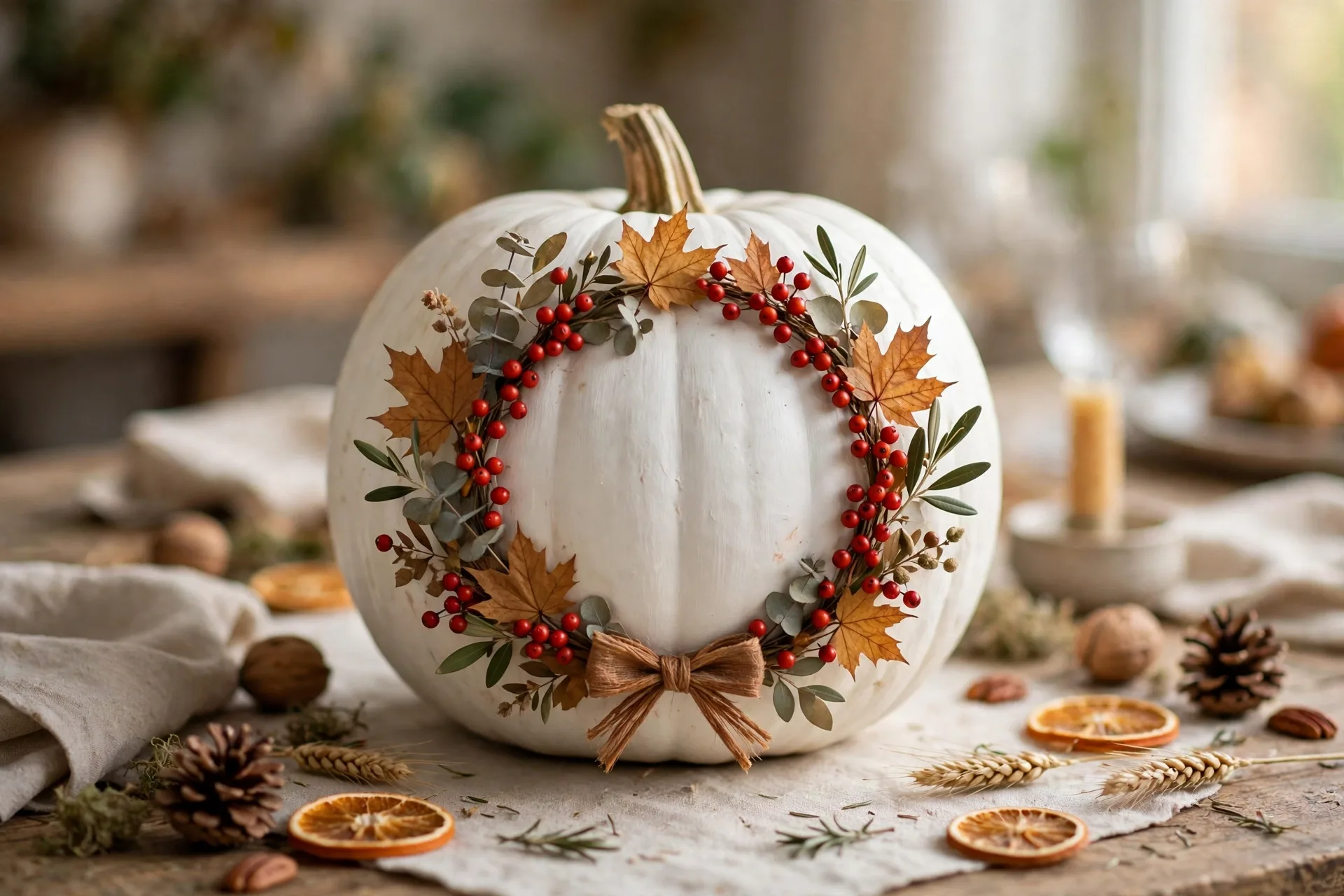 White pumpkin painted with a ring of autumn leaves and berries like a wreath