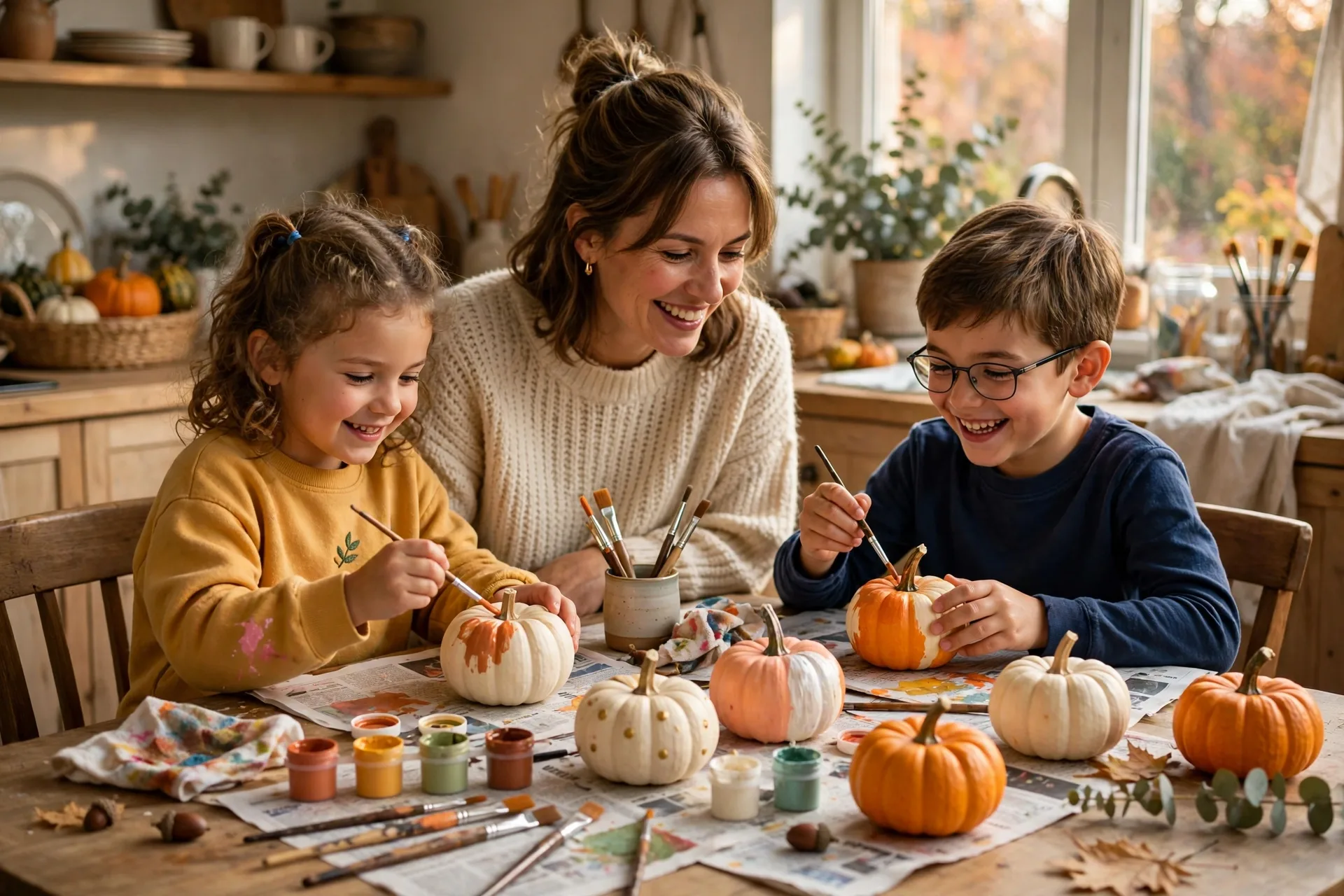 Mom and two young children painting mini pumpkins together at a kitchen table