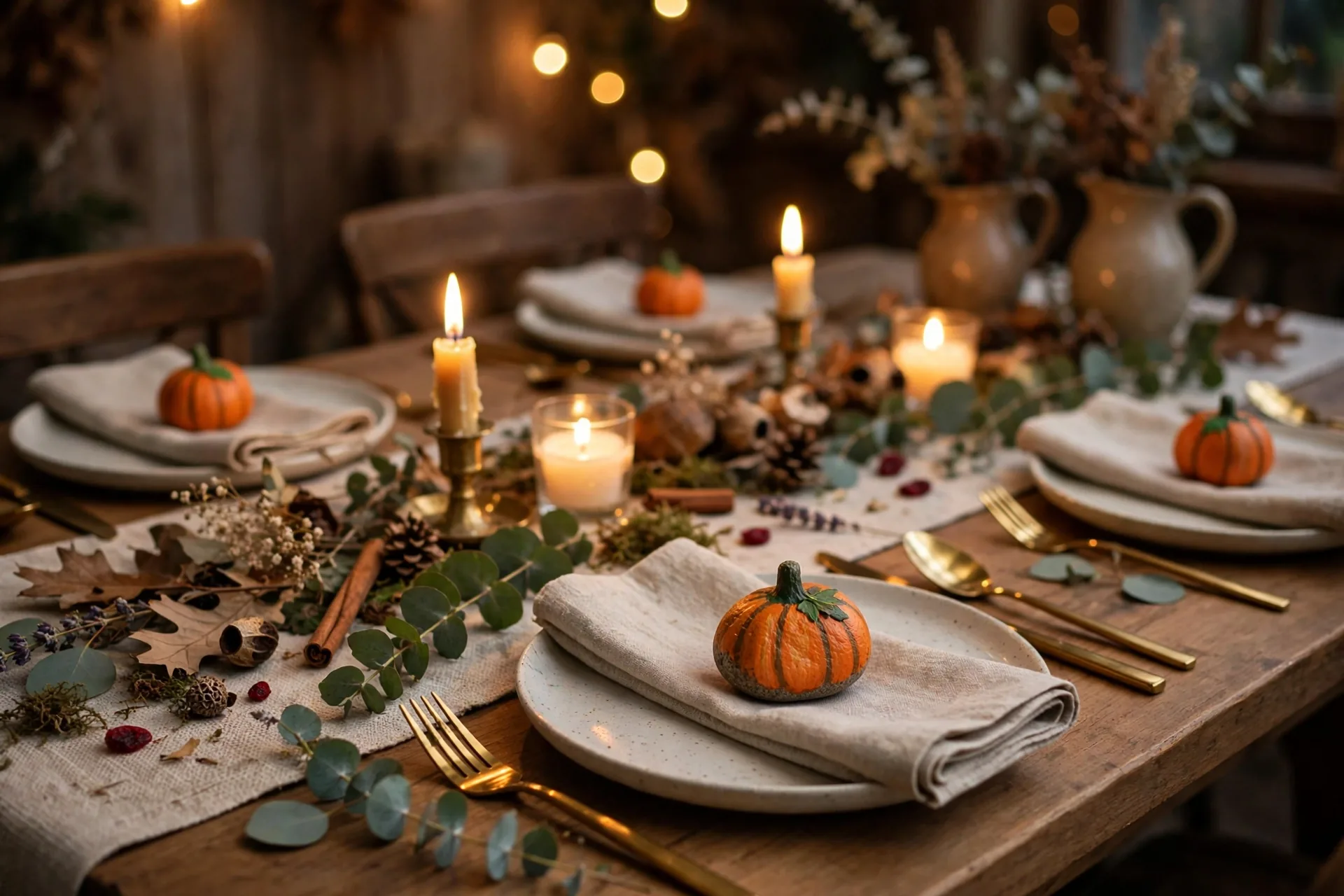 Thanksgiving dining table with painted pumpkin rocks resting on folded napkins beside dinner plates, candlelight glow