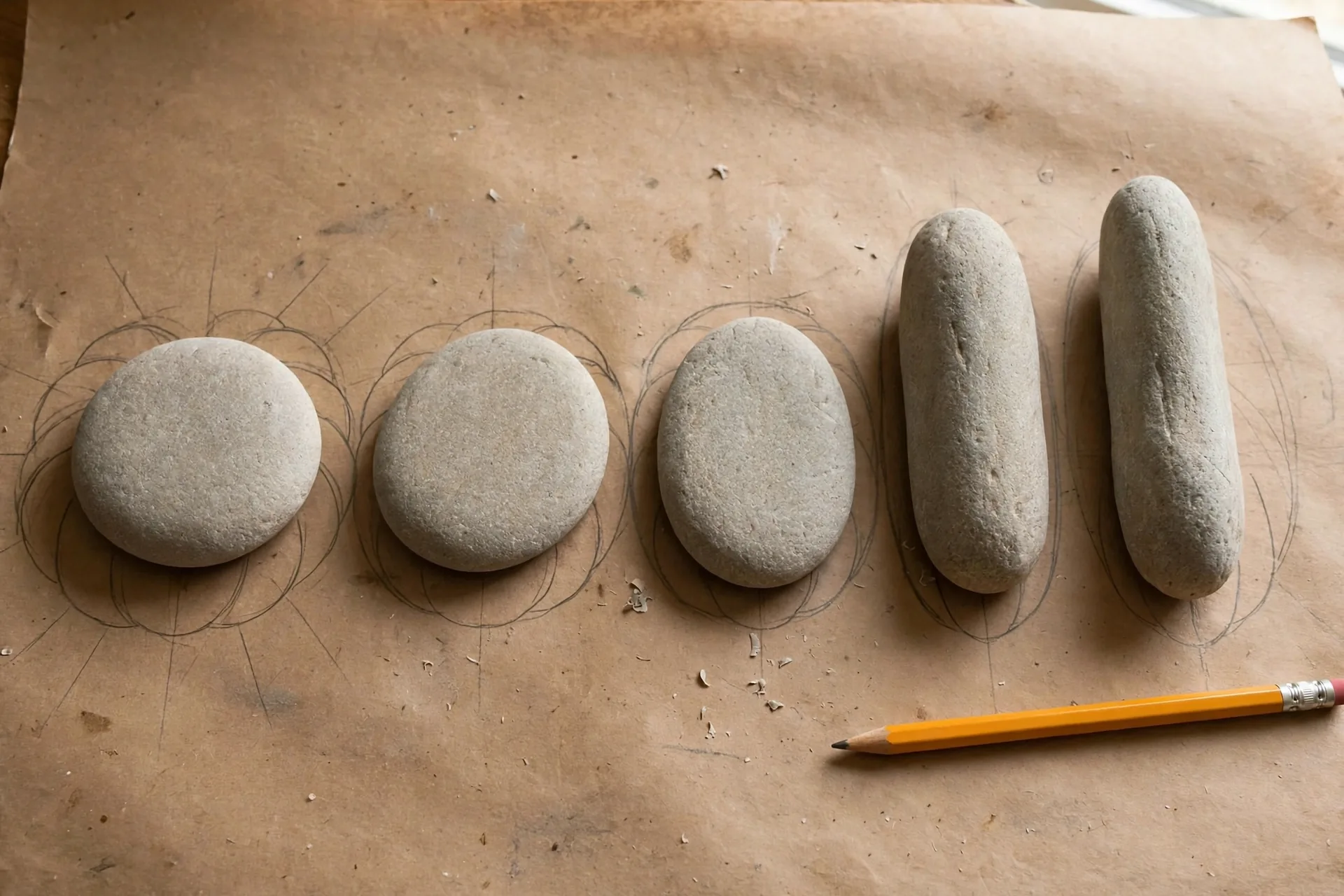 Plain river rocks sorted by shape with faint pencil pumpkin-rib outlines traced on each one