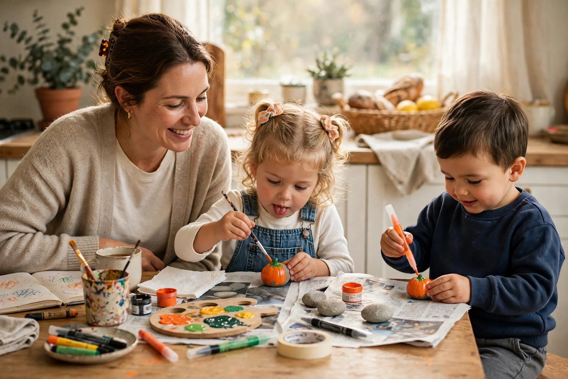 Mom and two small children painting river rocks orange at a kitchen table covered in newspaper