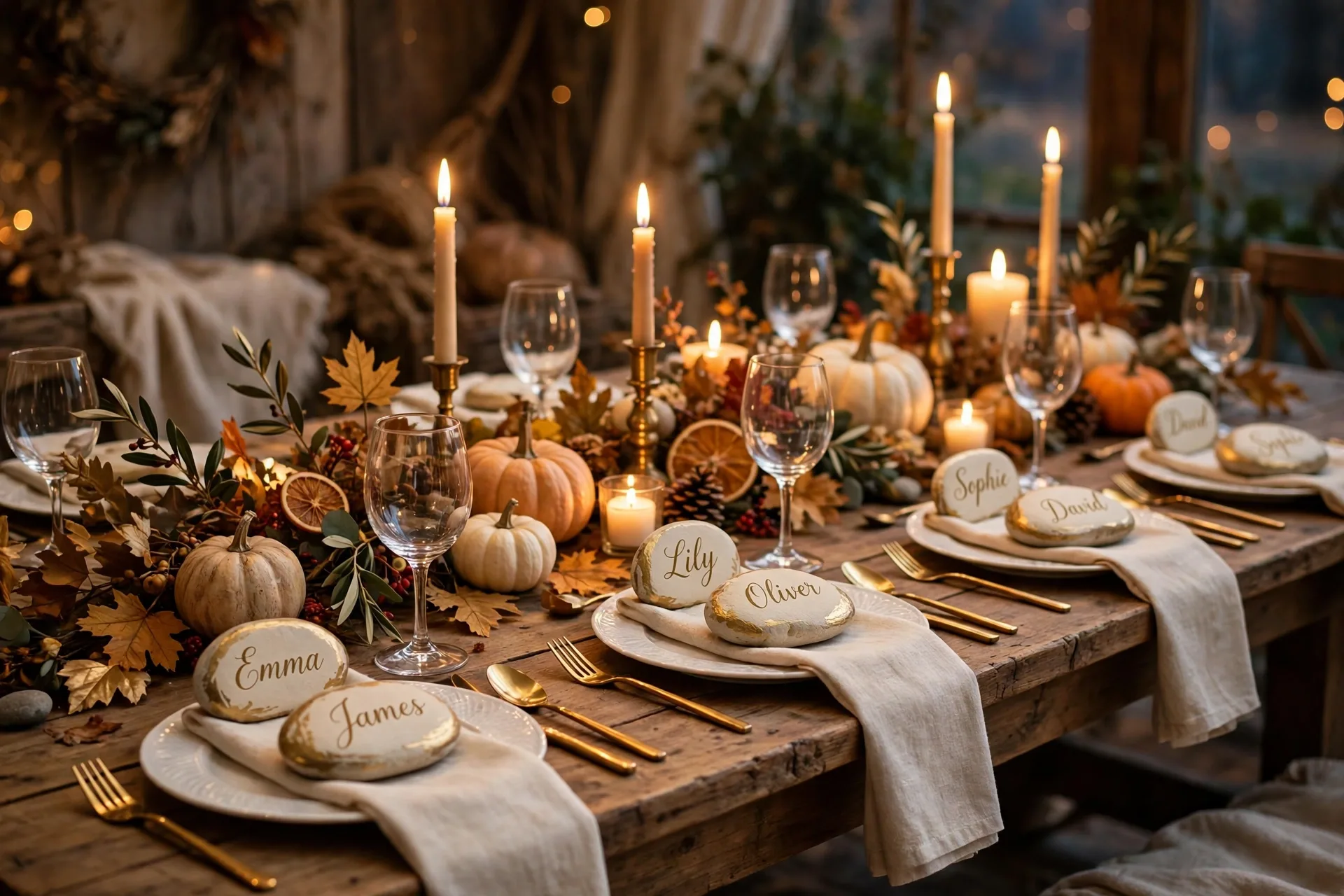 Thanksgiving table with painted rock place cards lettered in gold resting on folded napkins at each setting