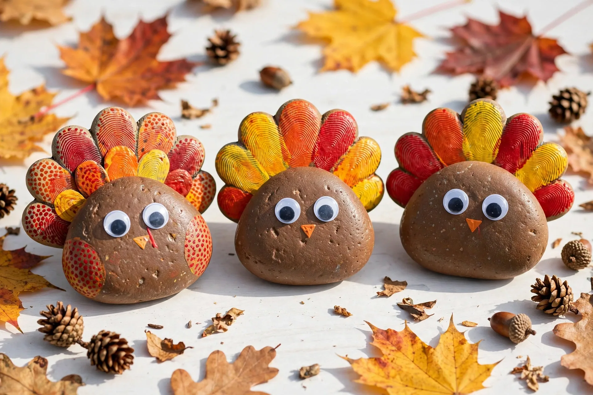 Three painted turkey rocks with fingerprint feathers in red orange and yellow, googly eyes and tiny orange beaks