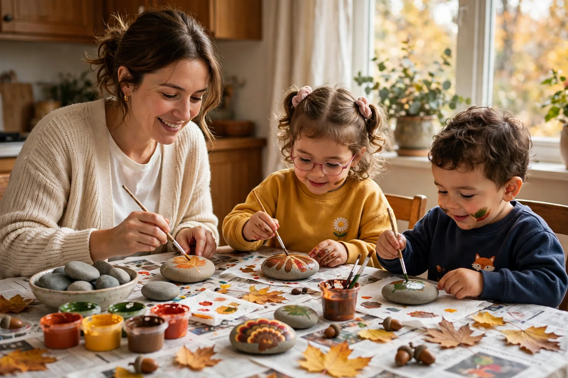 Mom painting smooth river rocks with her four-year-old and two-year-old at a kitchen table with washable paints and a bowl of rocks