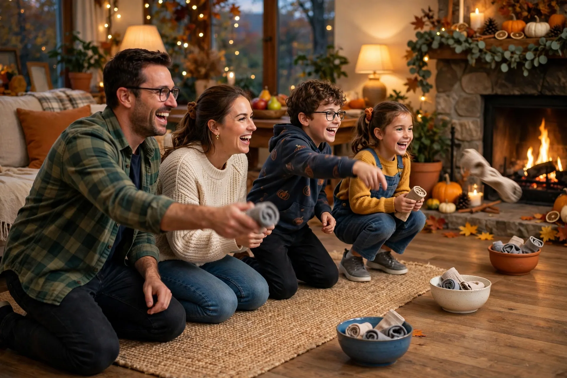 A family tossing rolled socks into bowls set at different distances for a Thanksgiving cranberry toss game