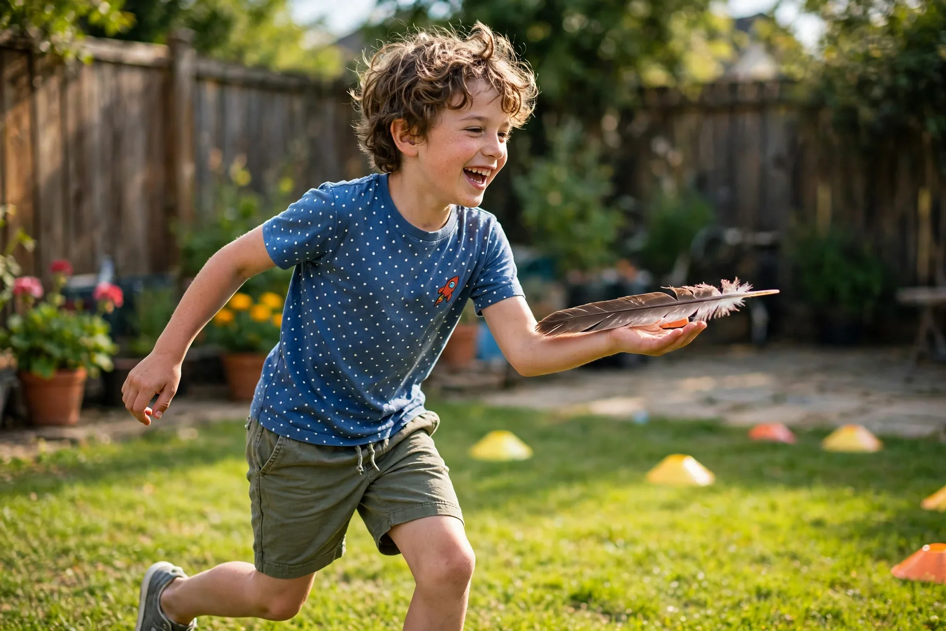 A child carefully carrying a craft feather on the back of their hand in a race across a yard