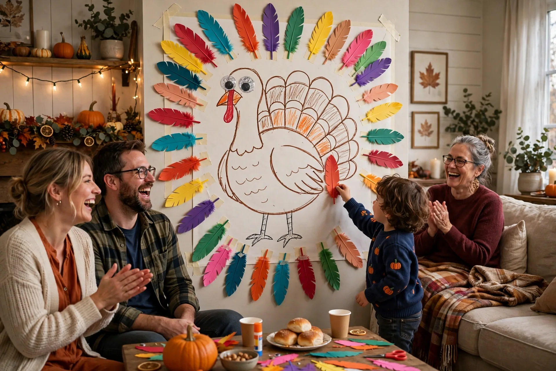 A large hand-drawn turkey poster with paper feathers on a living room wall, a child placing a construction paper feather on the turkey