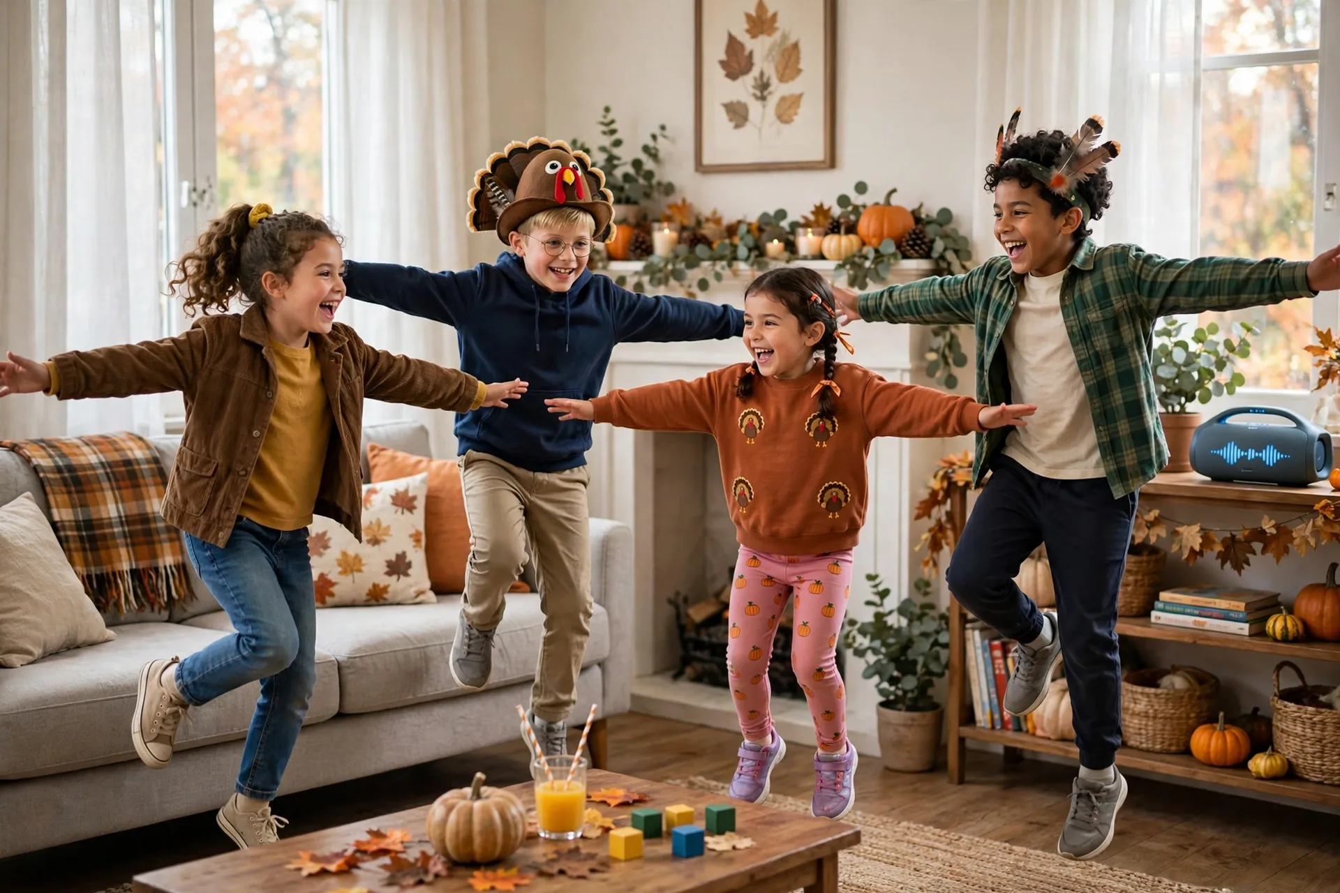Kids doing a turkey freeze dance in the living room, frozen mid-flap while music plays