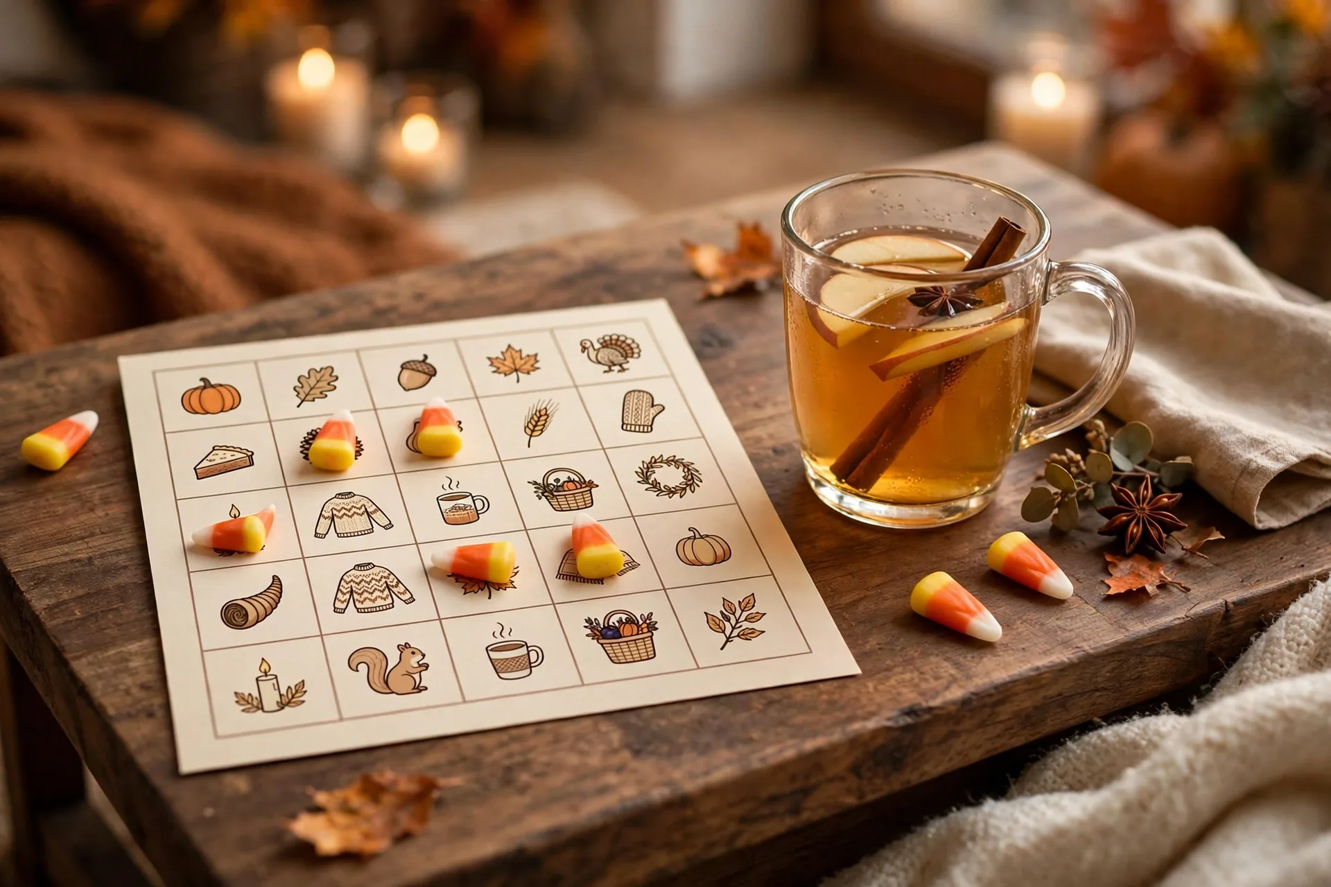A Thanksgiving gratitude bingo card with candy corn markers on a coffee table
