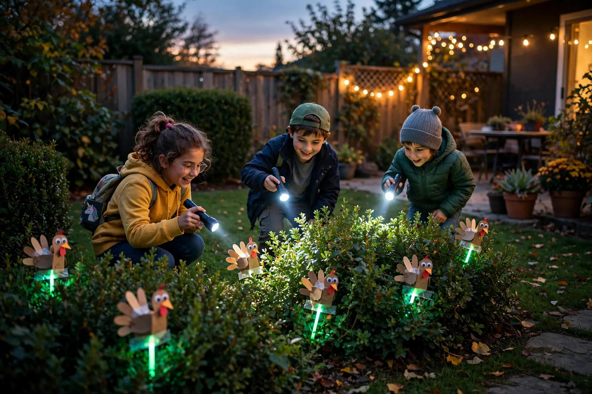 A backyard at dusk where kids with flashlights find small paper turkeys with glow sticks hidden in bushes