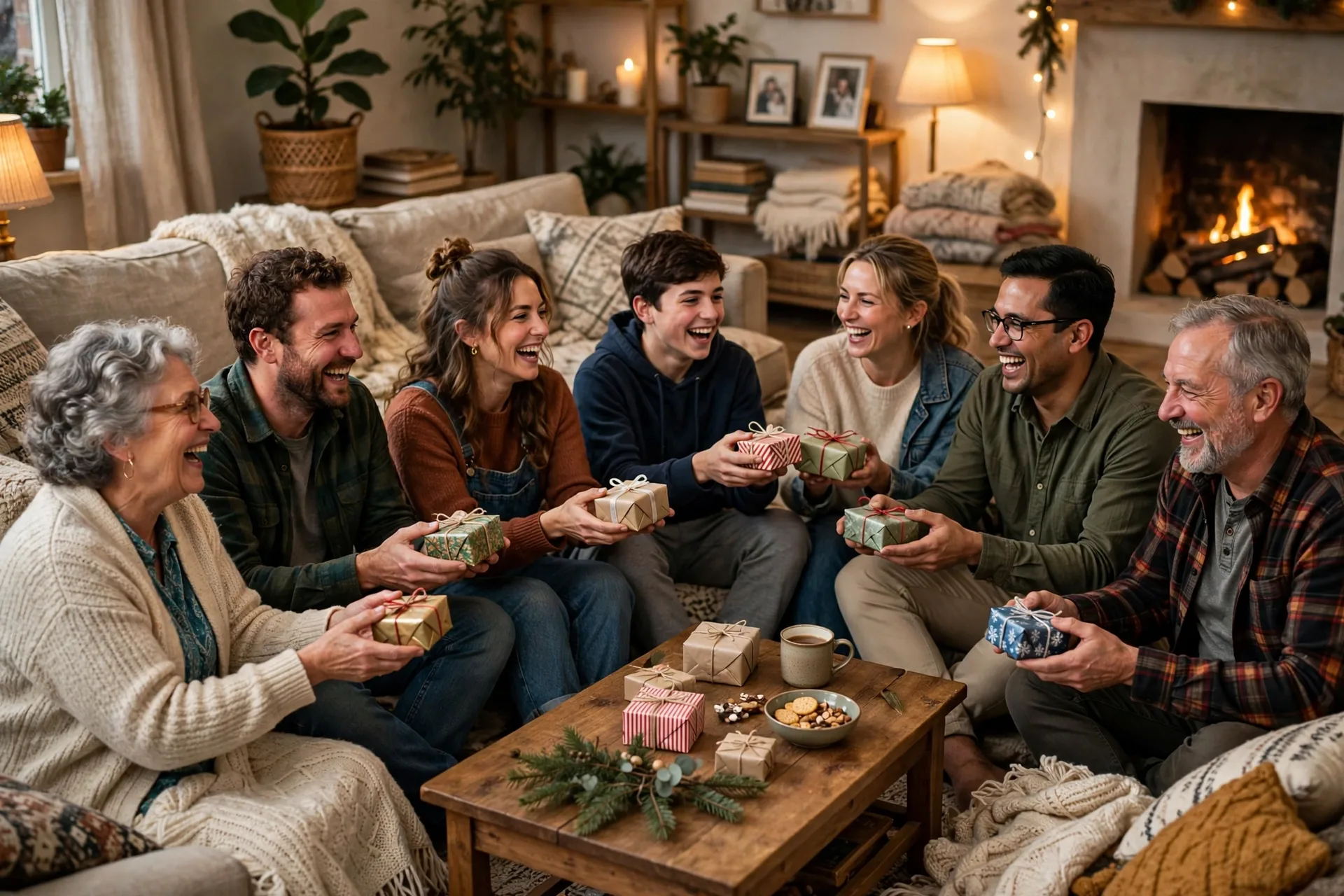 A circle of family members passing small wrapped gifts left and right during the left-right gift game
