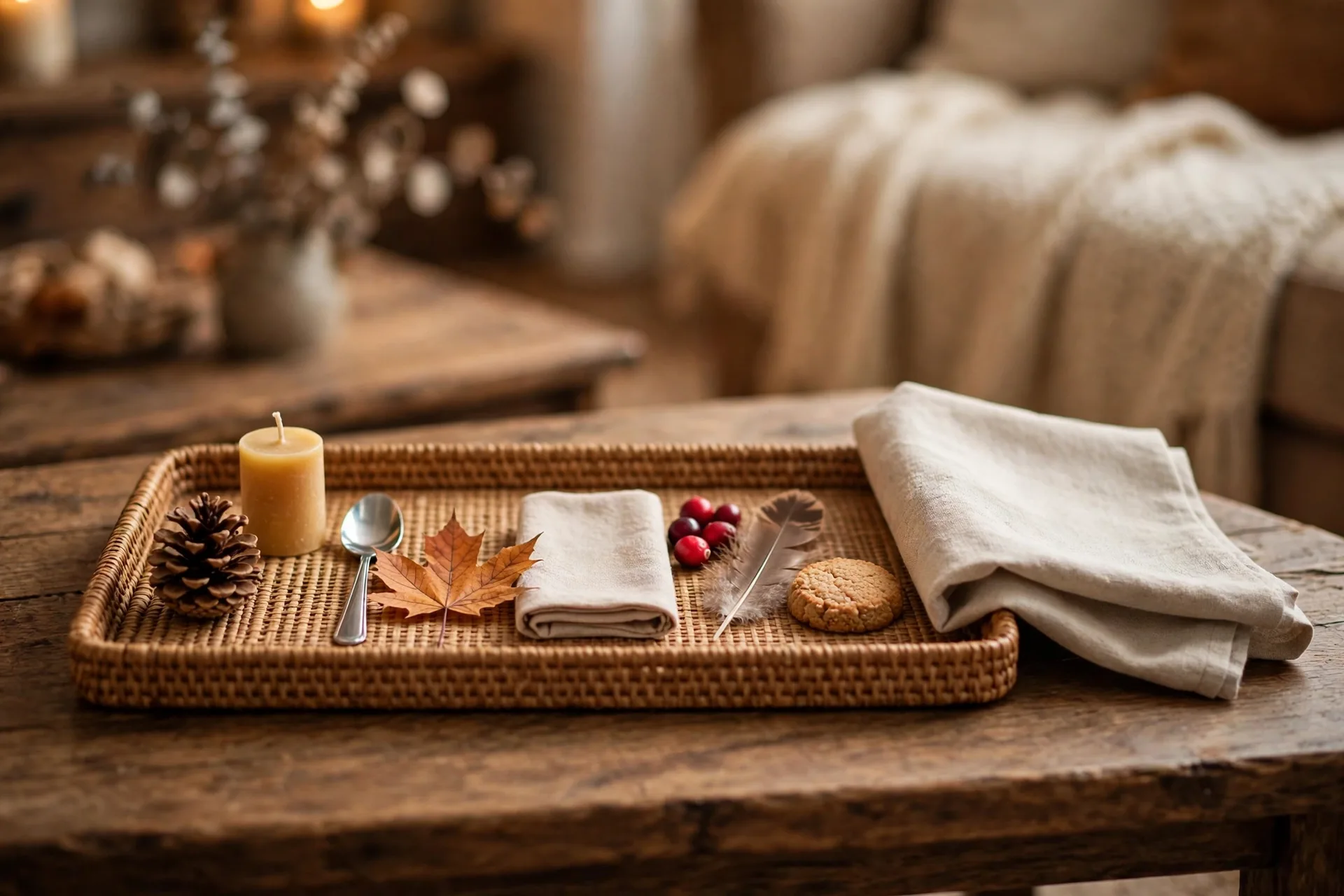 A tray of small Thanksgiving objects on a coffee table for a memory game, with a cloth ready to cover it