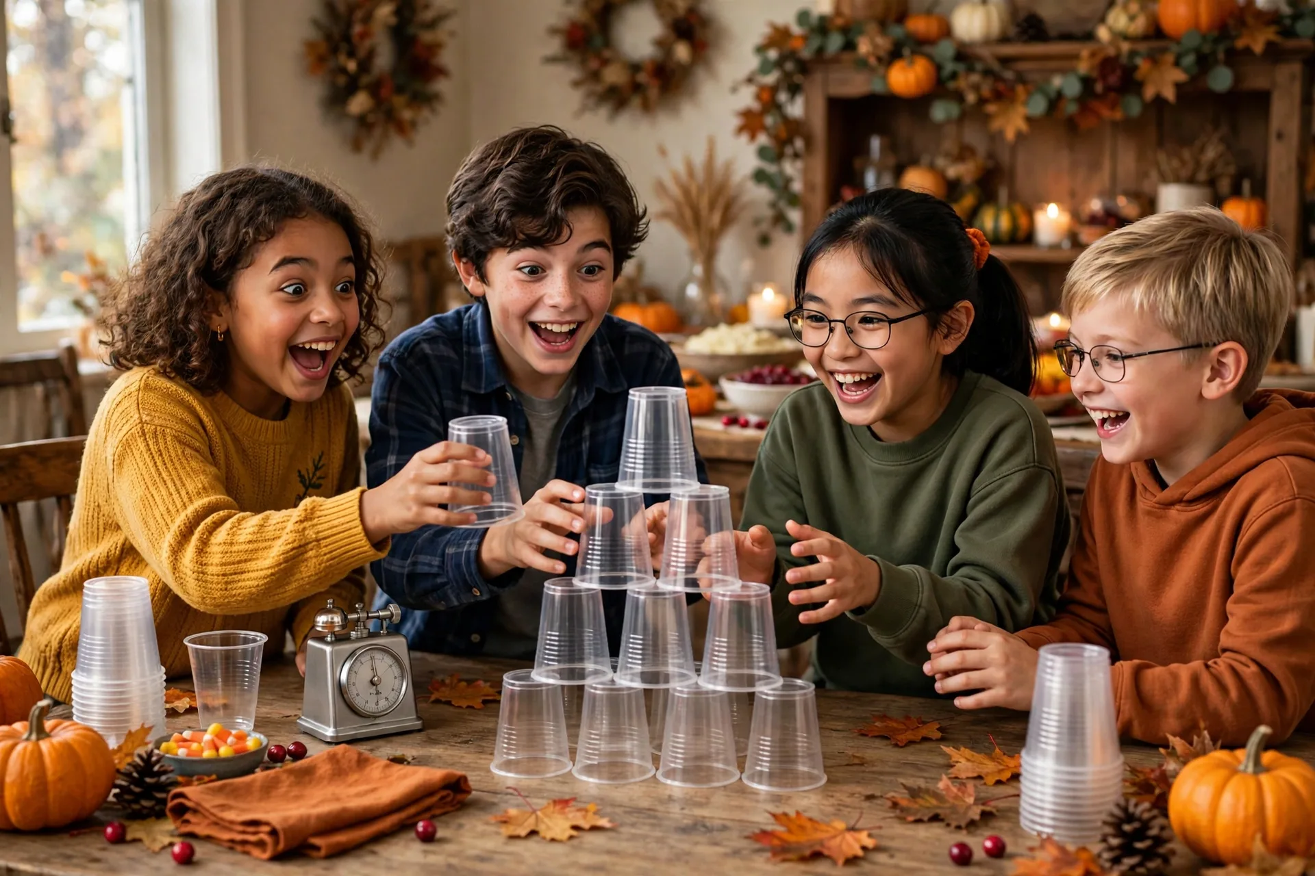 Kids stacking plastic cups into a pyramid for a minute-to-win-it challenge at a Thanksgiving party