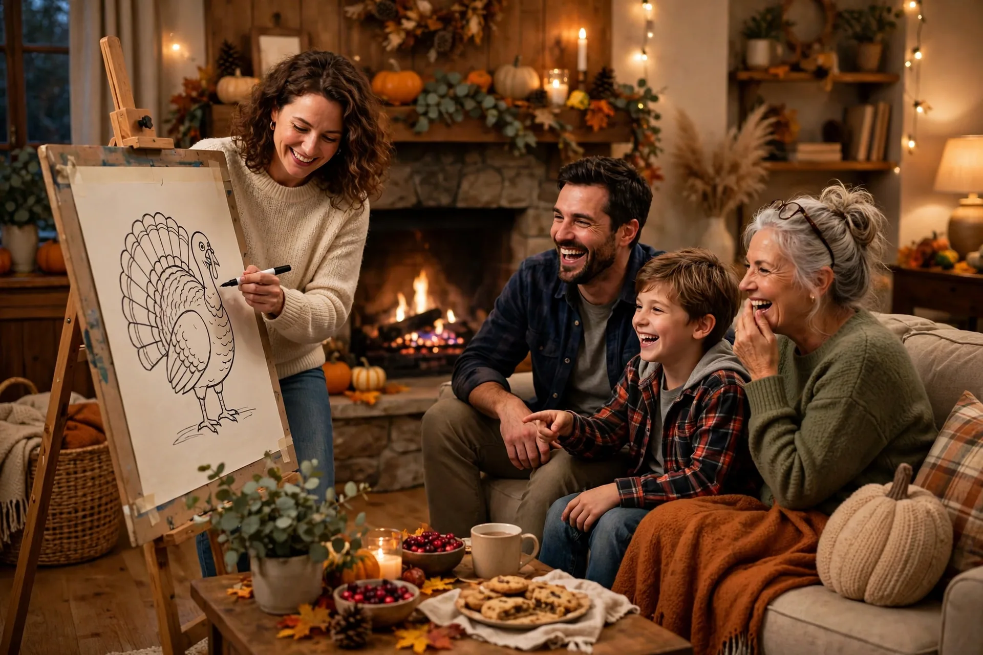 A family playing Thanksgiving pictionary in the living room, one person drawing a turkey on a big paper pad while others guess