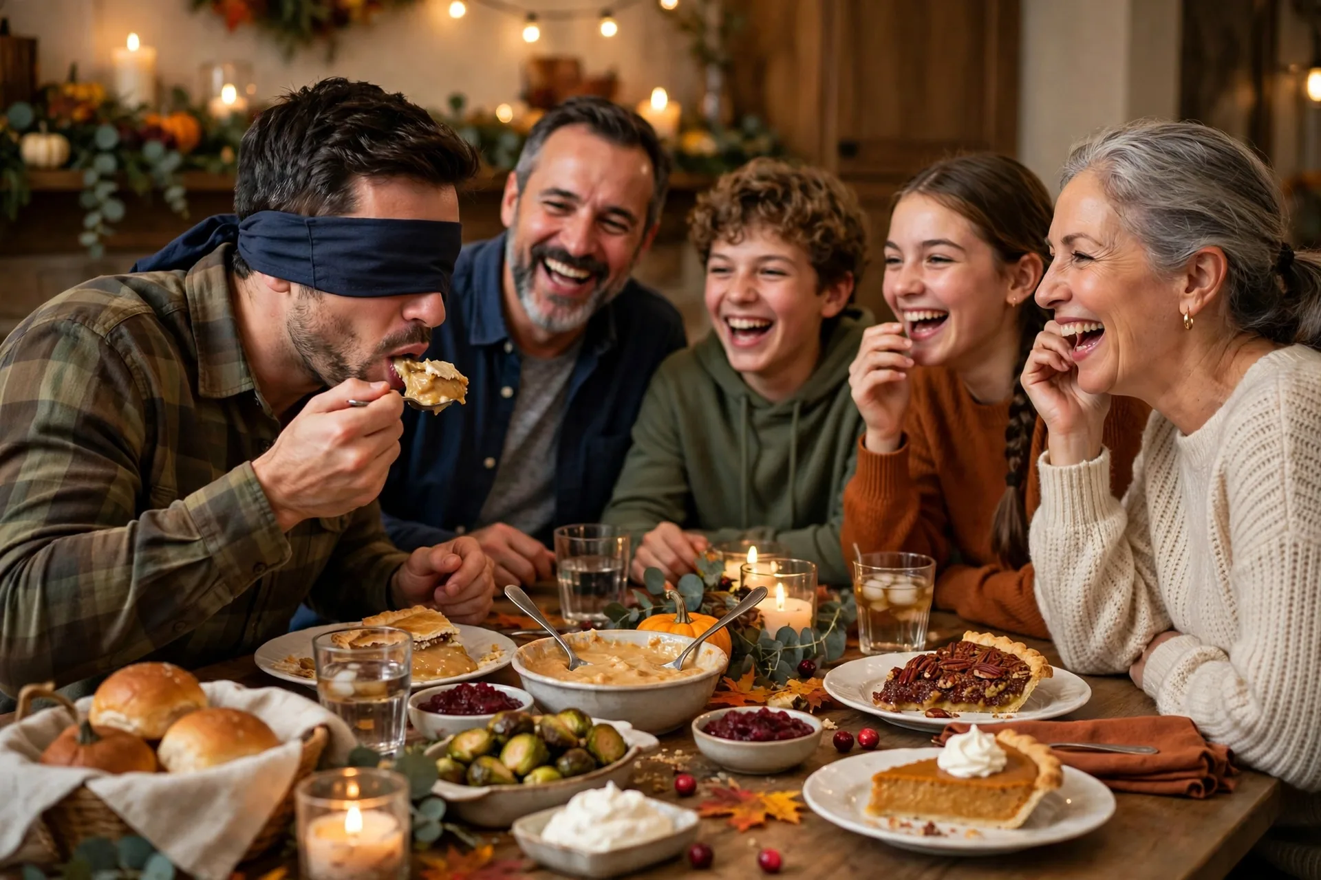 A blindfolded player tasting a spoonful of pie filling while family watches at the Thanksgiving table