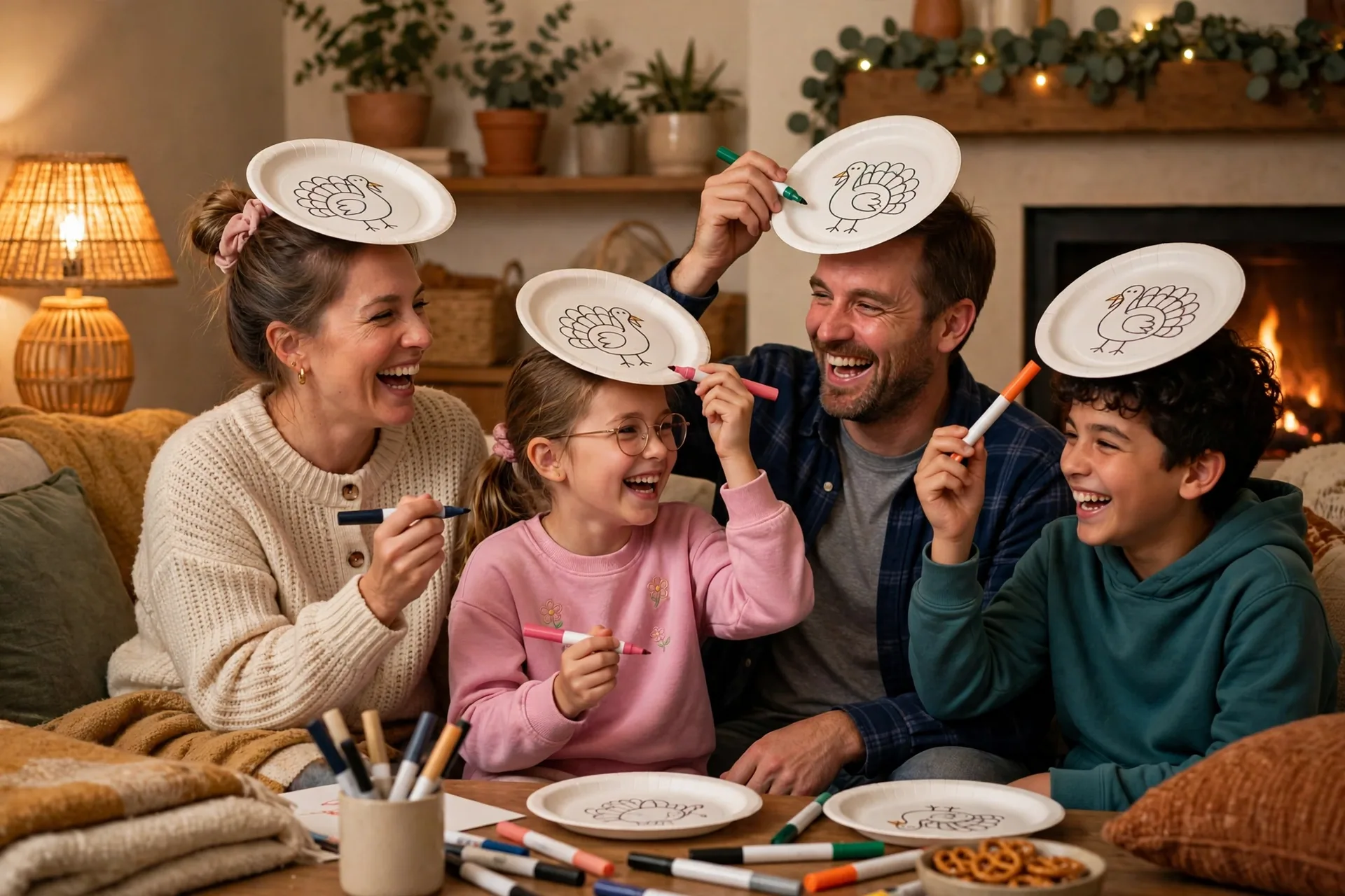 A family drawing turkeys on paper plates held on top of their heads, laughing at the results