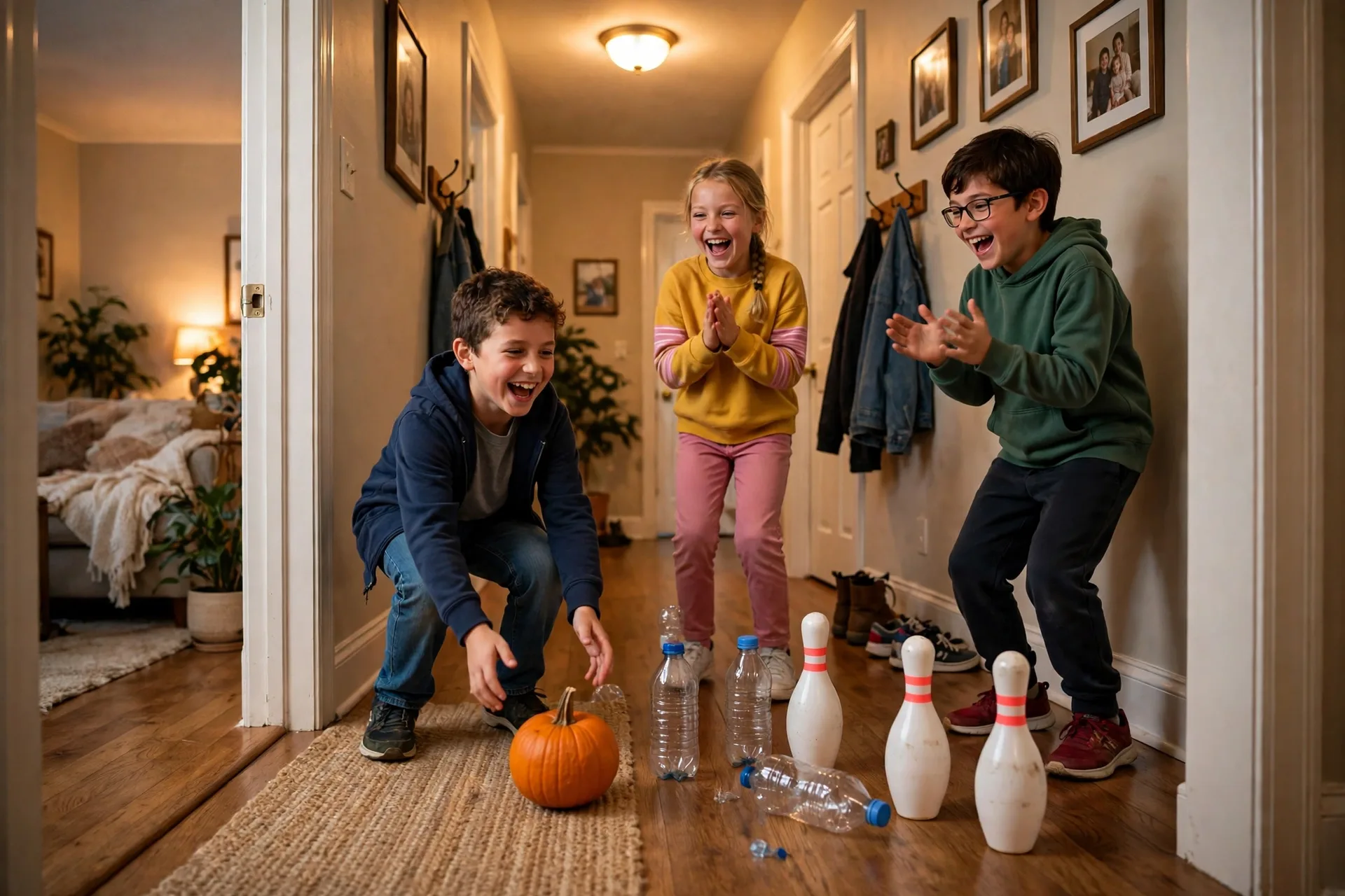 Kids rolling a small pumpkin down a hallway to knock over plastic bottle bowling pins