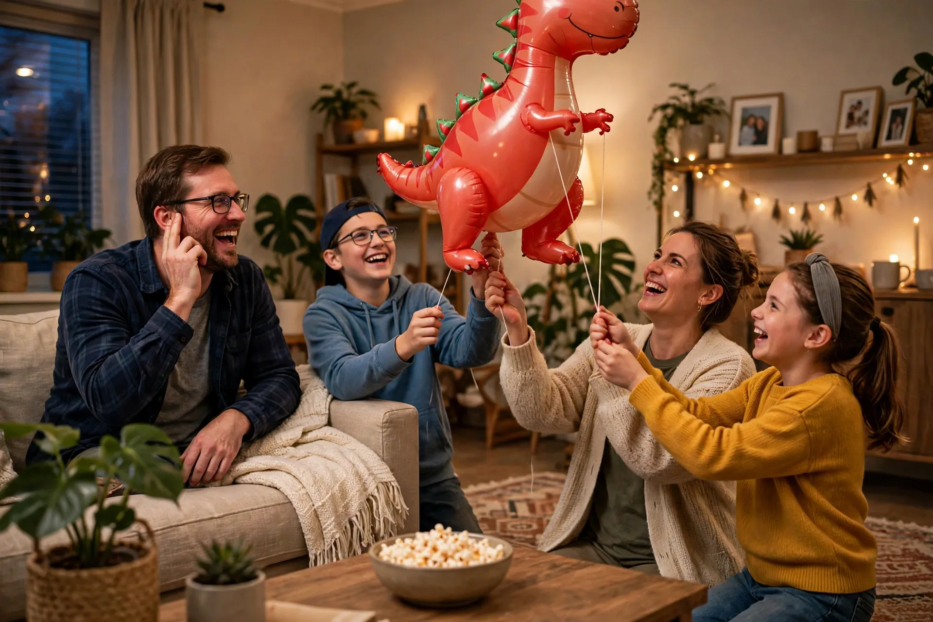 A family playing reverse charades in the living room, a team acting out a parade balloon while one person guesses