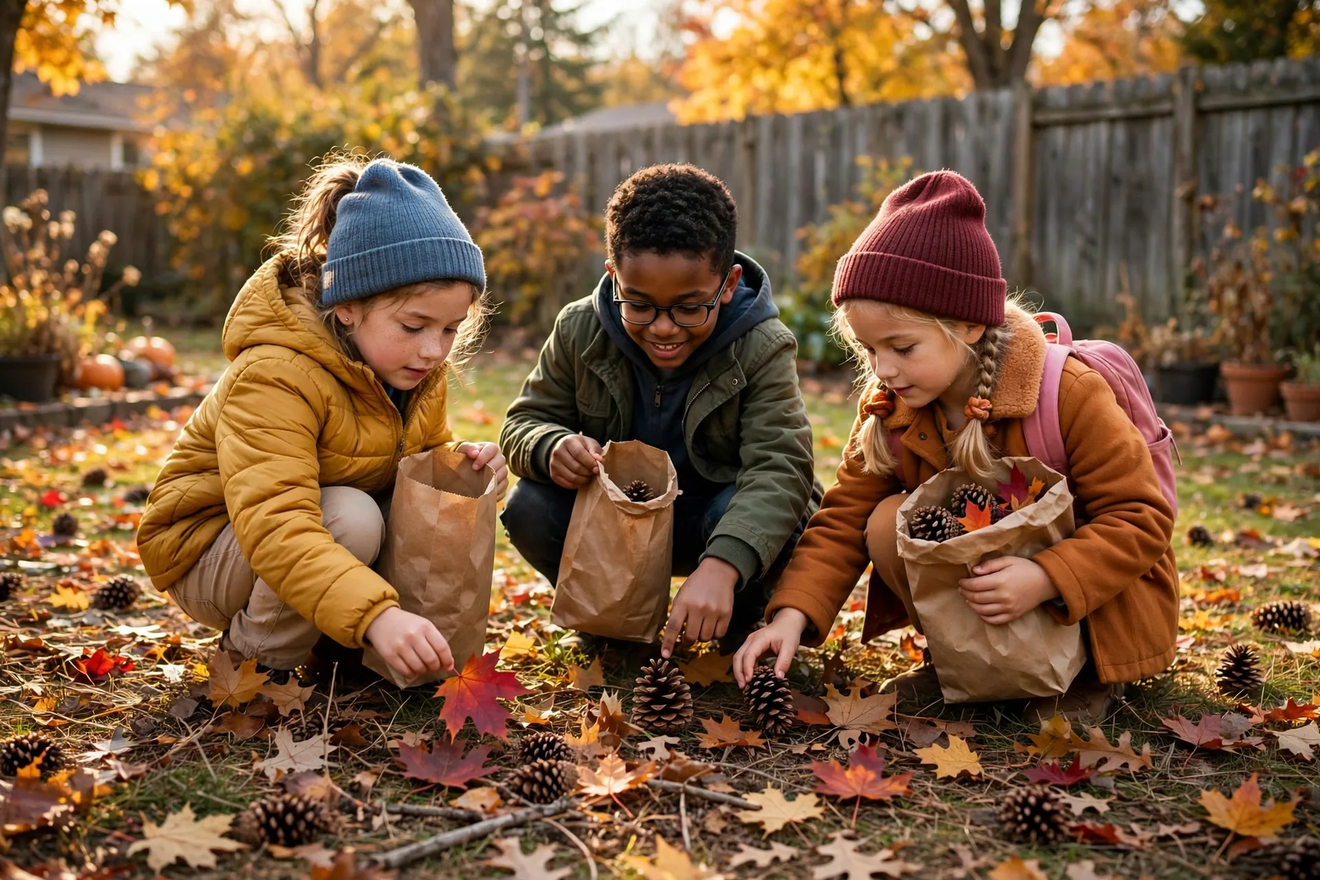 Kids on a fall scavenger hunt in a backyard holding paper bags and a list, finding leaves and pinecones
