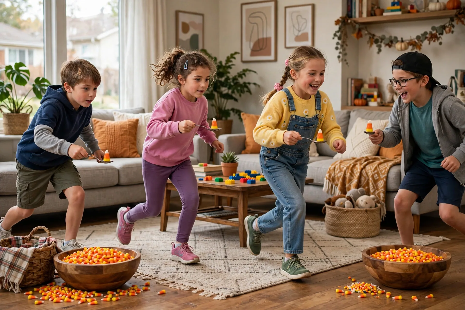 Kids balancing candy corn on spoons in a relay race across a living room