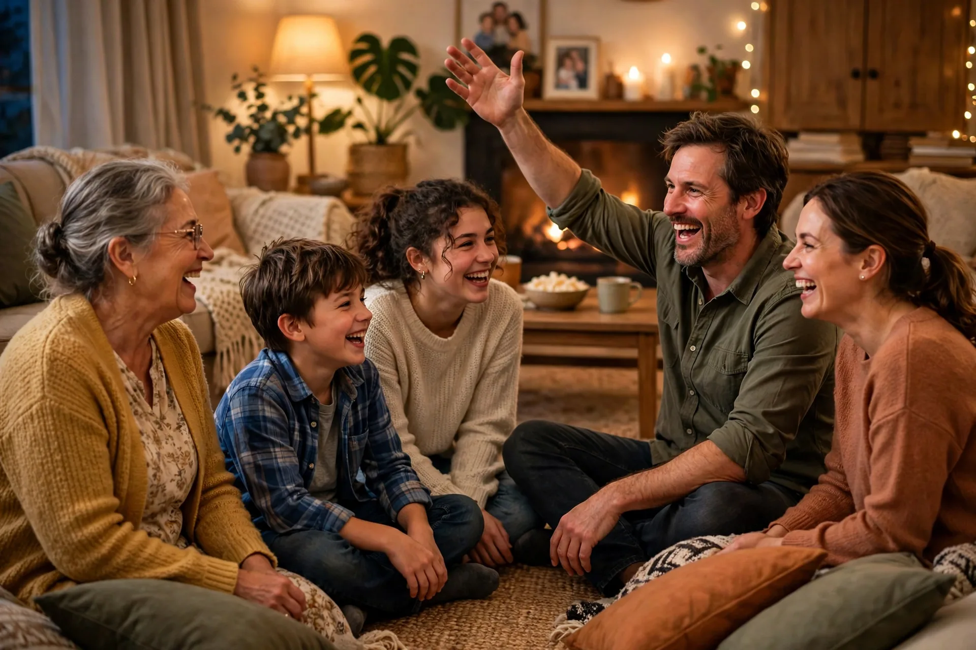 A family sitting in a circle telling a story chain about a runaway turkey, laughing at each new sentence