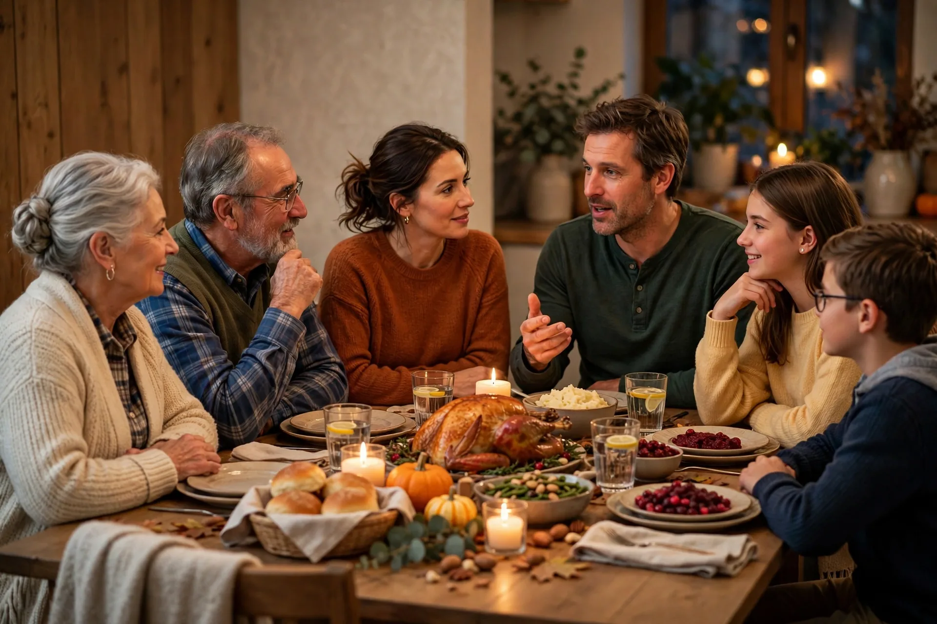 A family going around the Thanksgiving table naming things they are thankful for from A to Z
